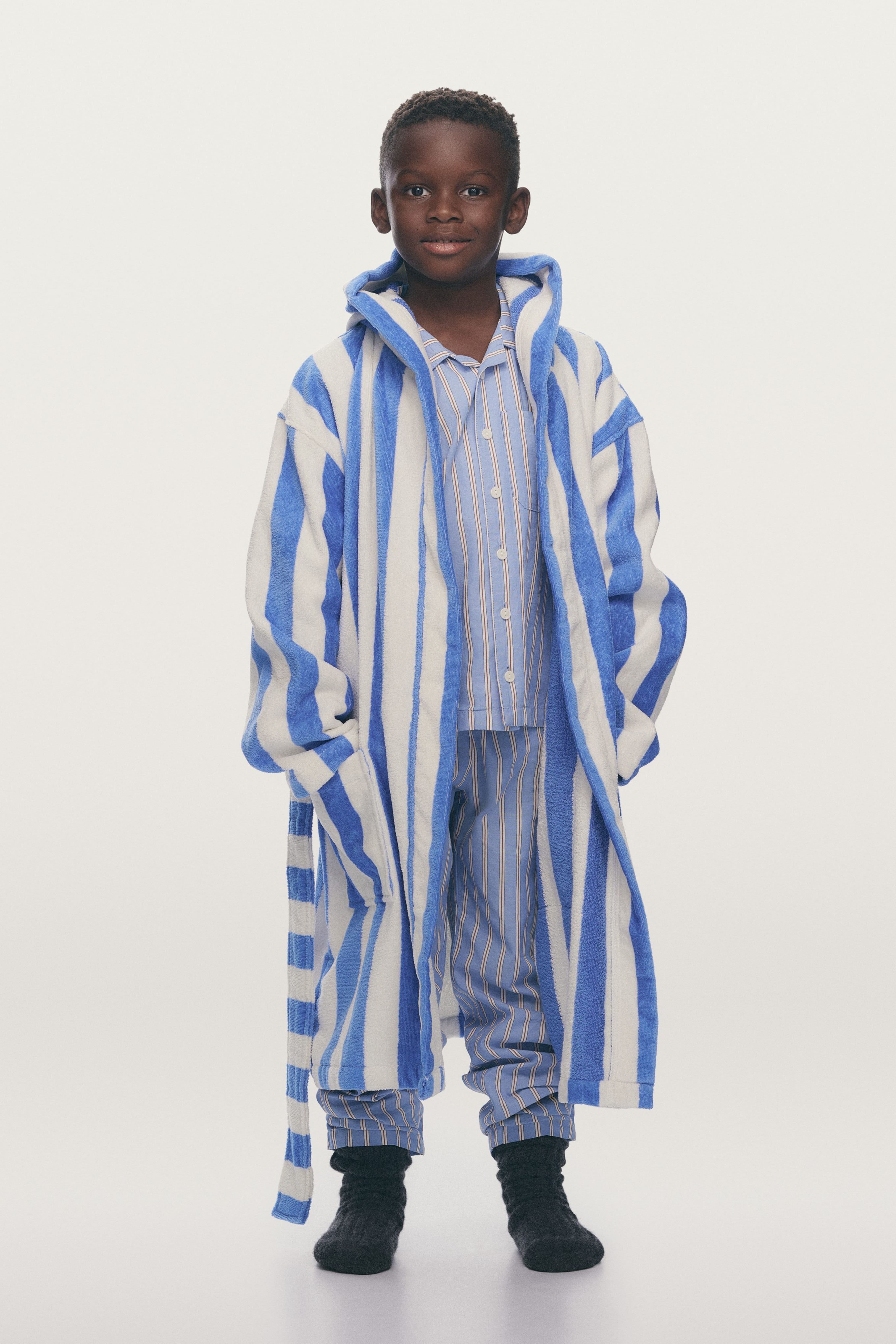 Bademantel aus Baumwollfrottee - Blau/Weiß/Rosa