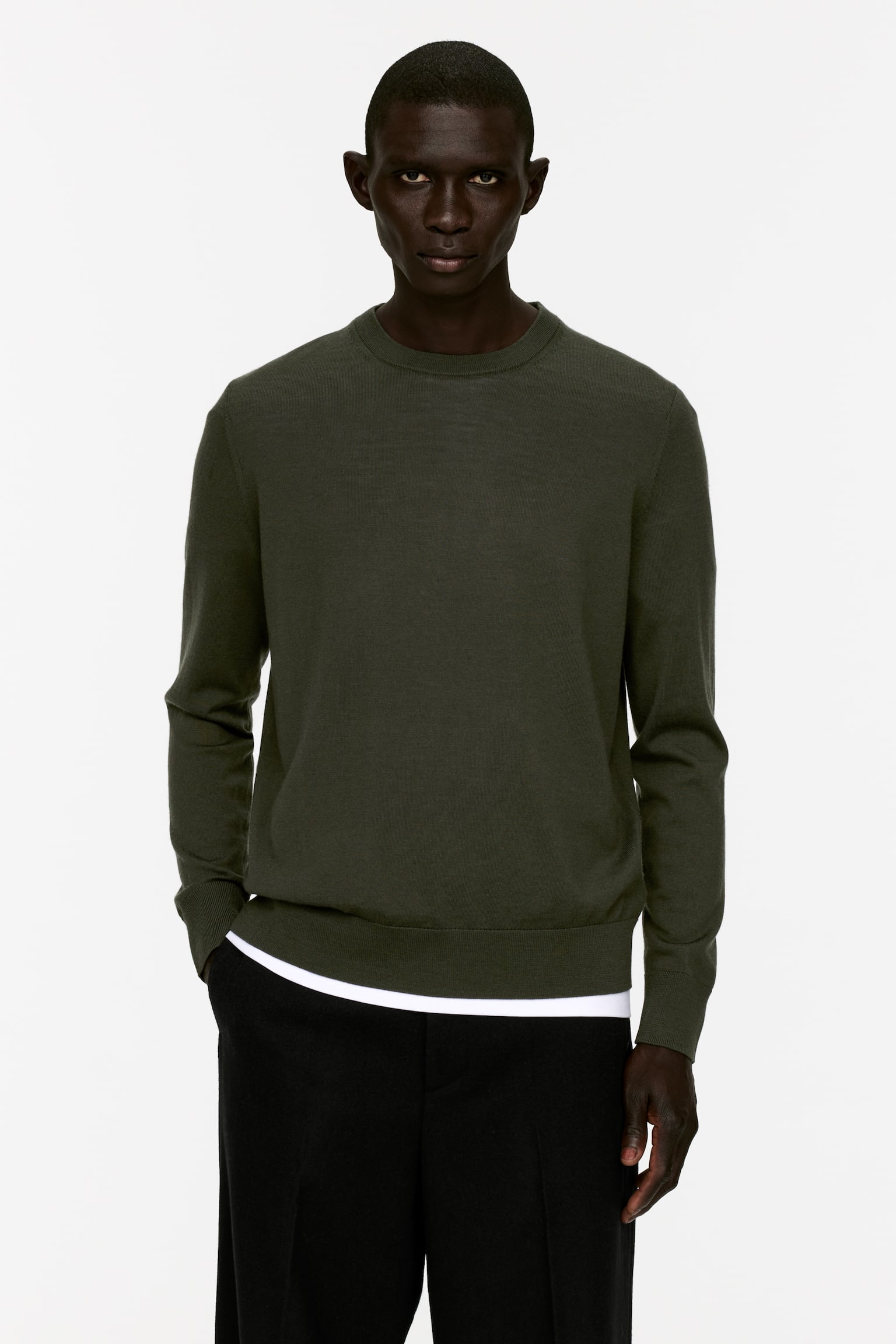 Fine Knit Merino Jumper - Dark Green/Dark Blue/Dark Brown/Black/Grey Melange/Khaki Green - 1