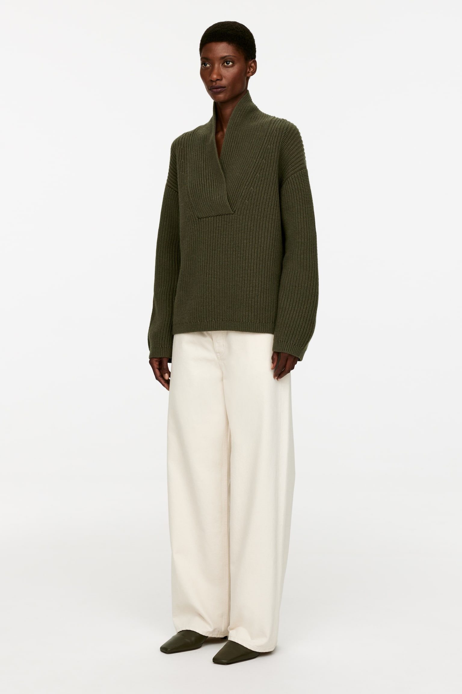 Shawl Collar Jumper - Khaki Green/Off White - 5