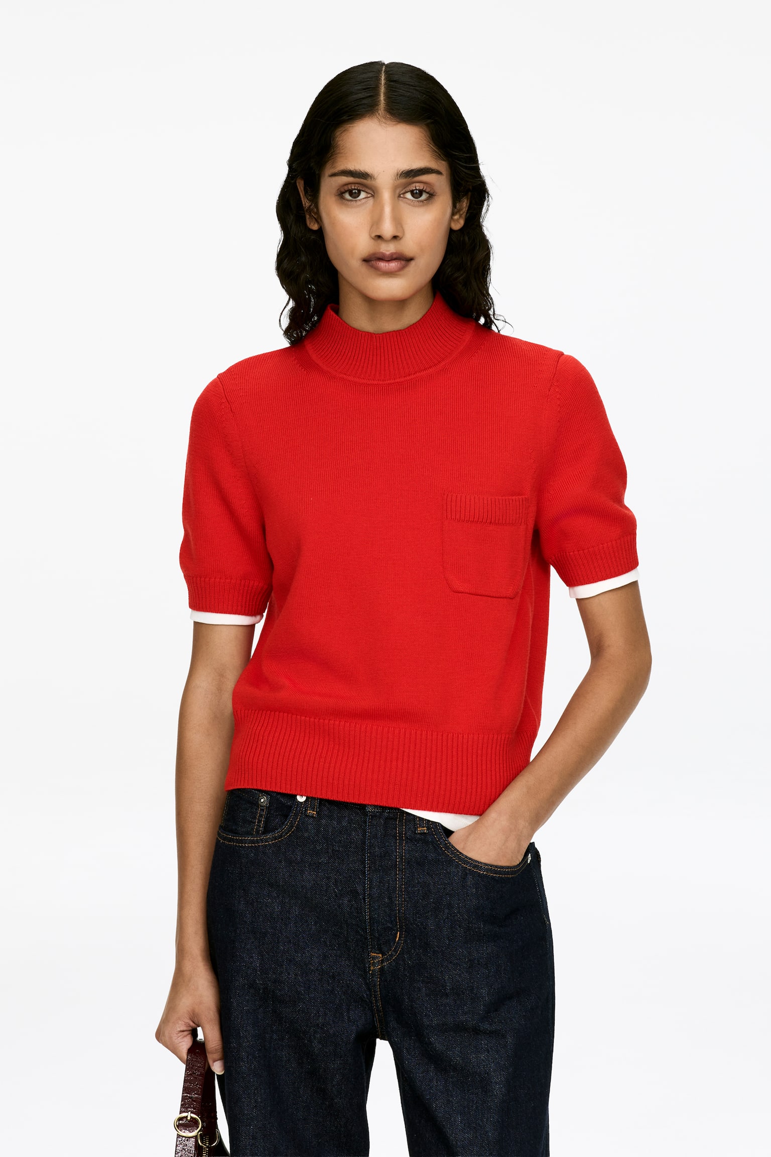 Maglione a maniche corte in lana merino - Rosso - 1