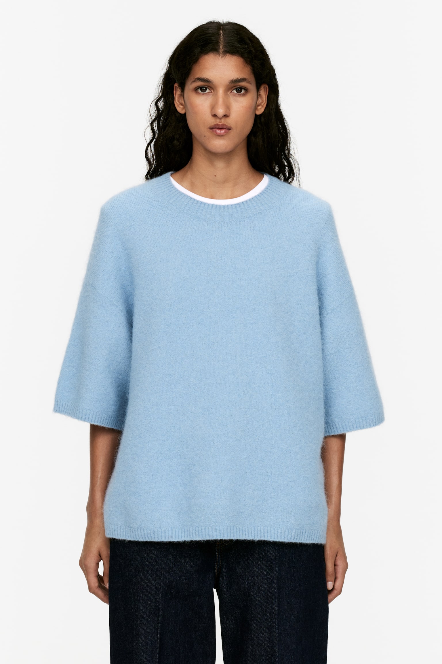 Alpaca-Wool Blend Jumper - Dusty Light Blue/Off White - 1