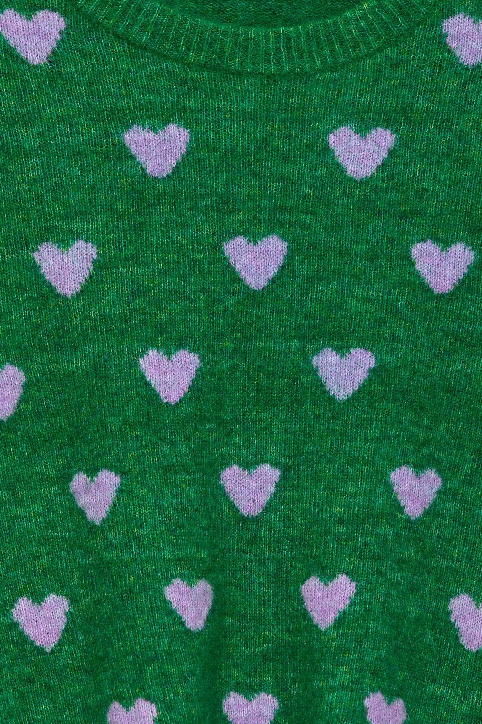 Strickpullover mit Intarsien - Grün/Herzen in Flieder - 3