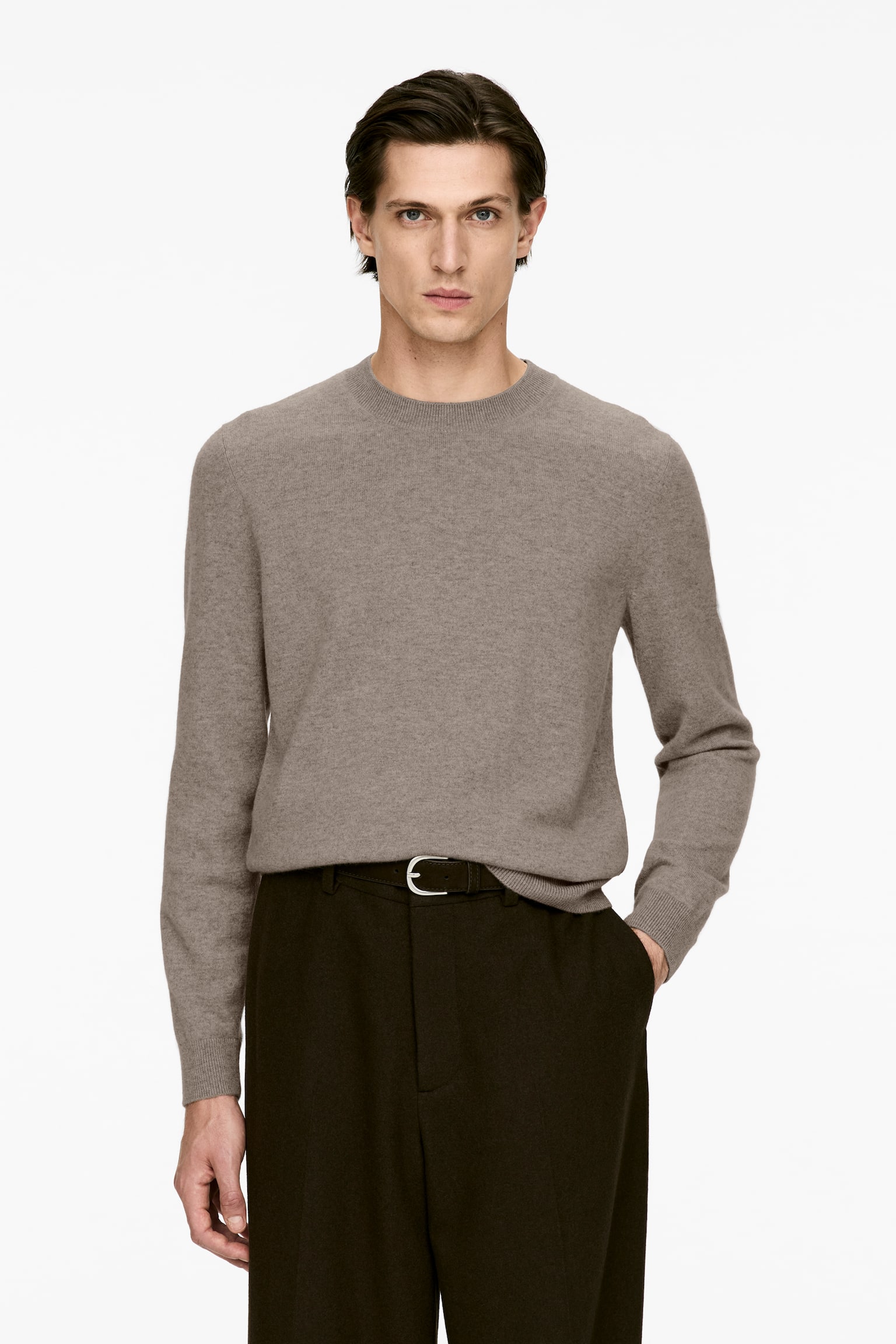 Trui met ronde hals van zuiver kasjmier - Beige gemêleerd/Donkerblauw - 1