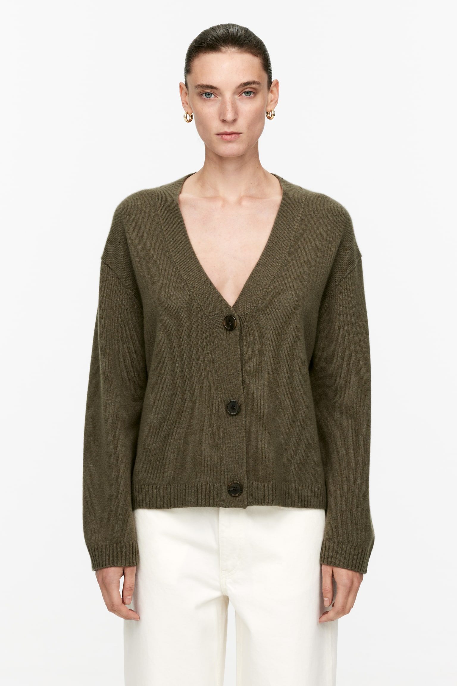 Cashmere-Wool Cardigan - Khaki Green/Black/Grey Melange - 1