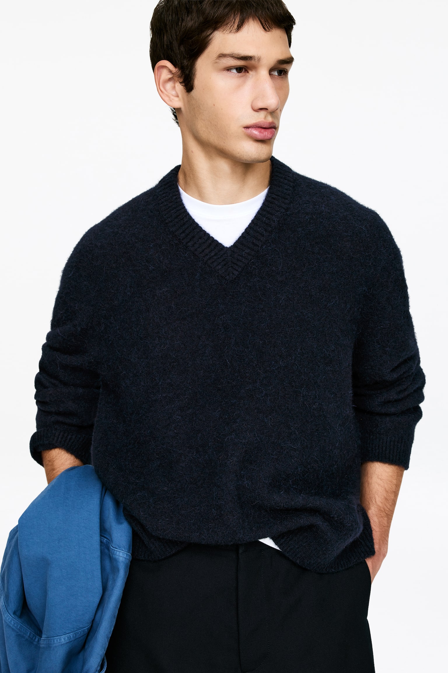 Pulover Relaxat din Amestec de Lână și Alpaca - Albastru Închis/Verde/Albastru închis - 6