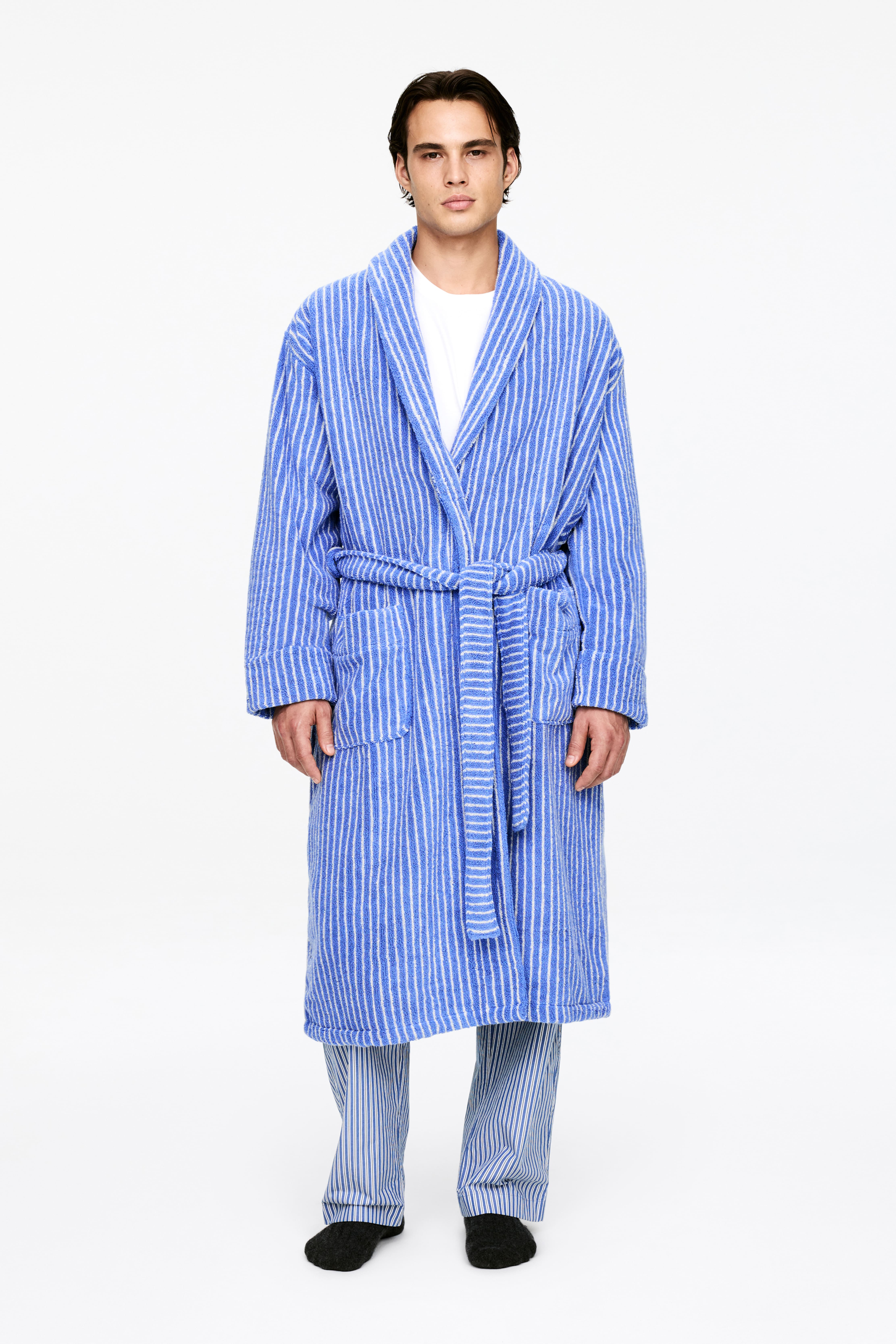 Cotton Terry Bathrobe - Blue/Off White/Black