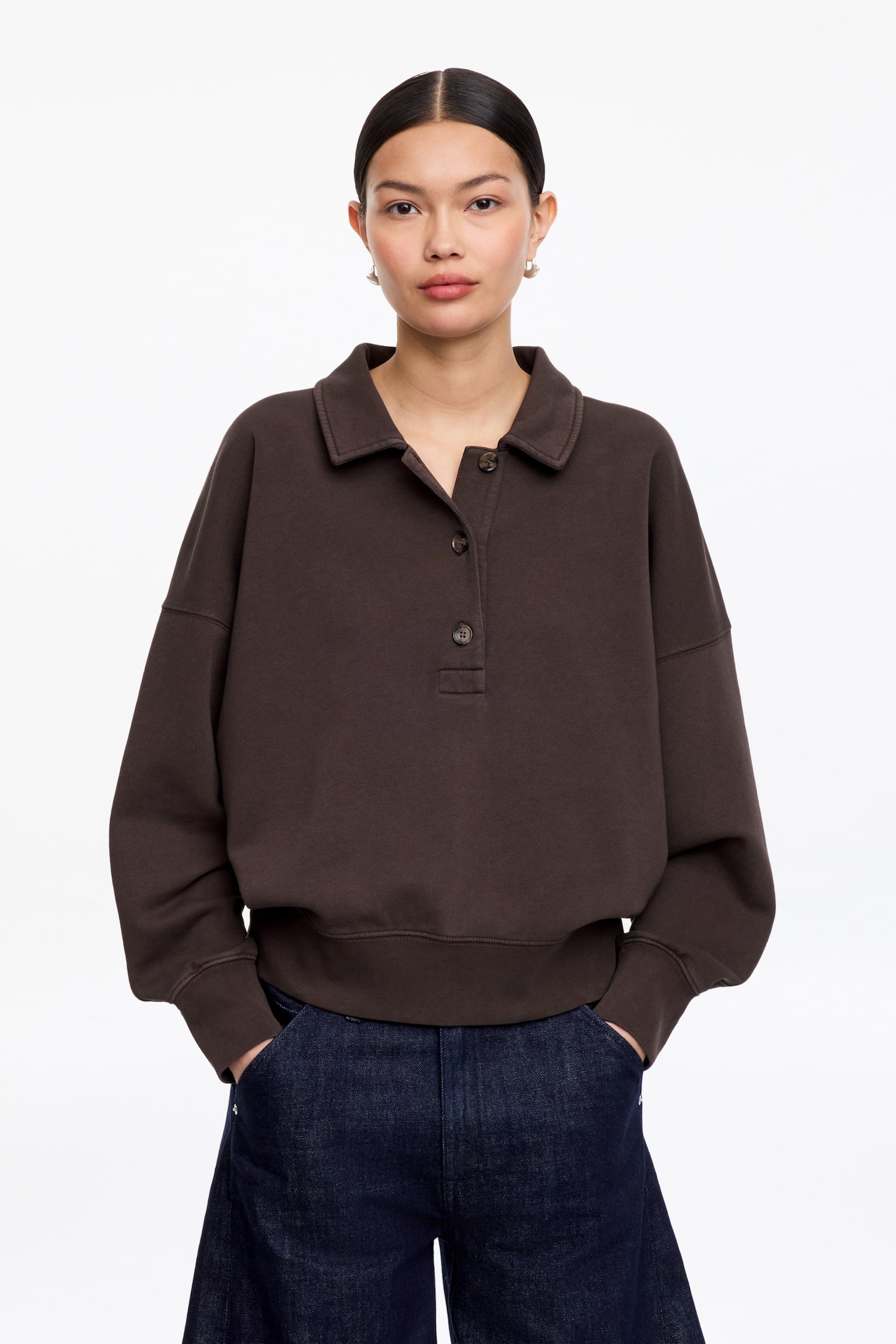 Sweatshirt aus French Terry mit Polokragen - Dunkelbraun/Hellblau/Cremeweiß - 1