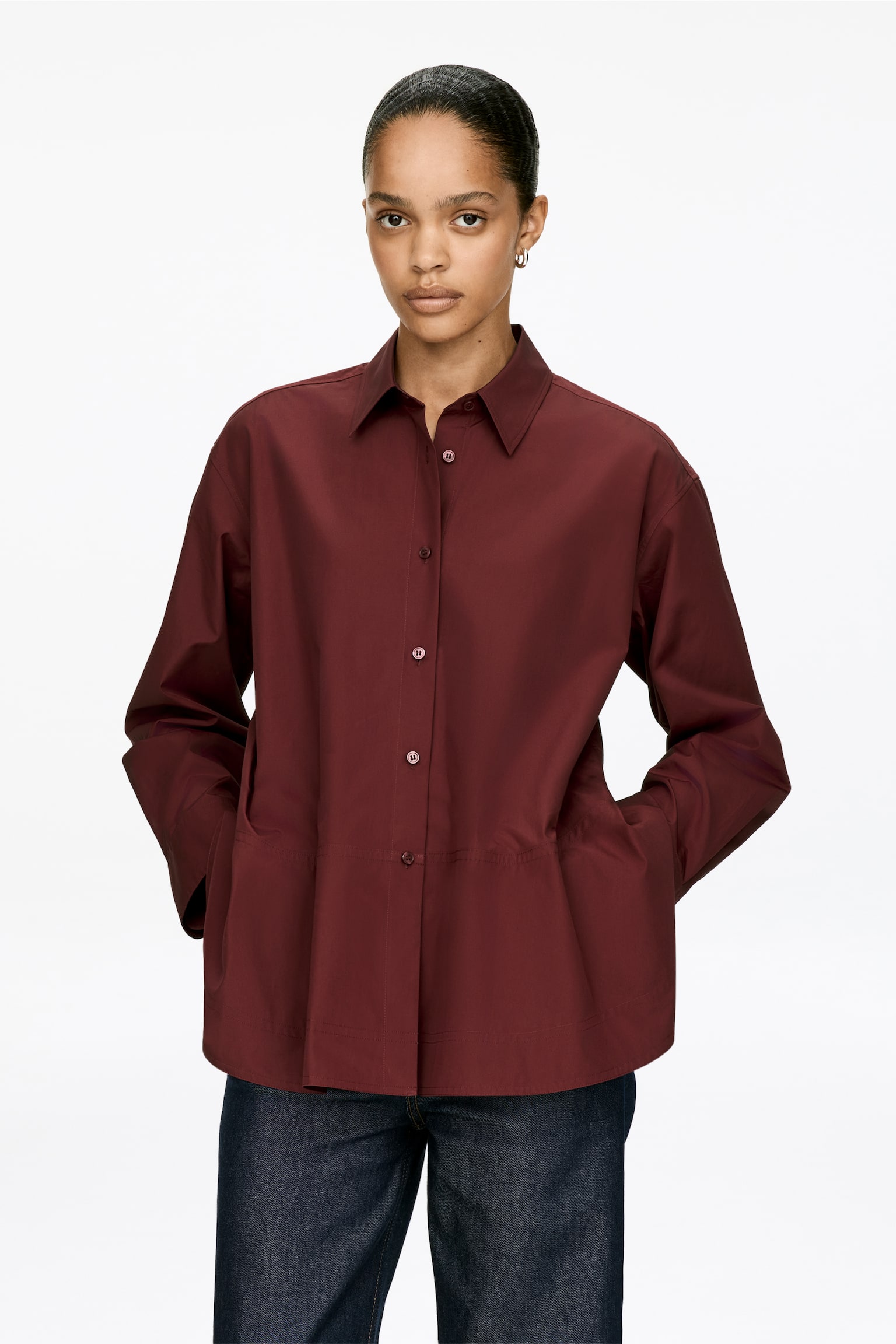 Camicetta in cotone con baschina - Rosso scuro/Nero - 1