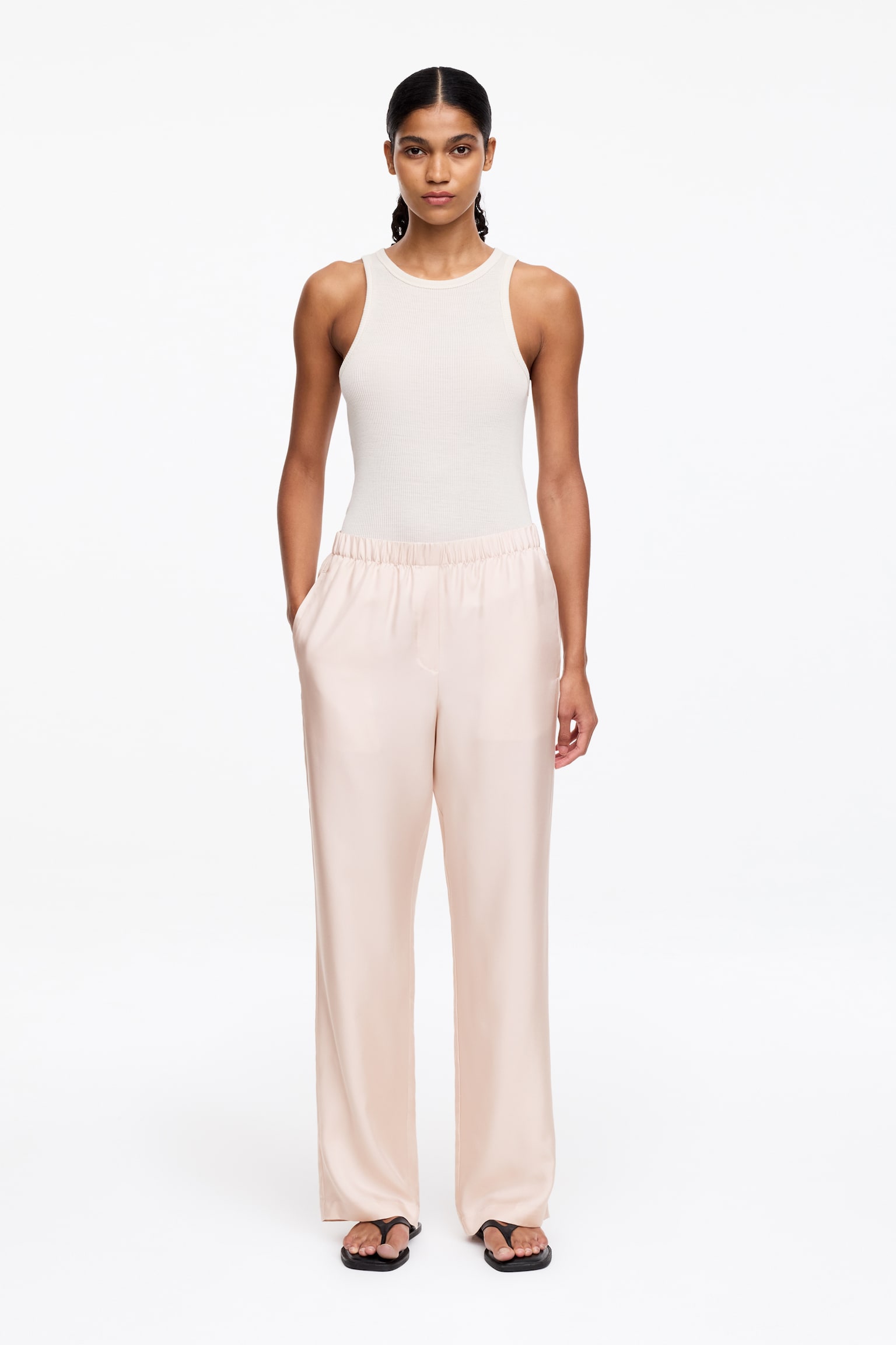 Hose aus Seidentwill - Hellbeige/Dunkelbraun - 1