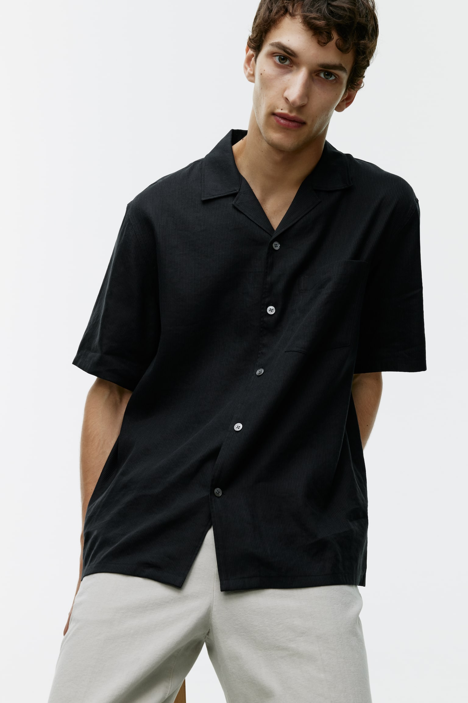 Drapy Linen-Blend Shirt - Black - 5