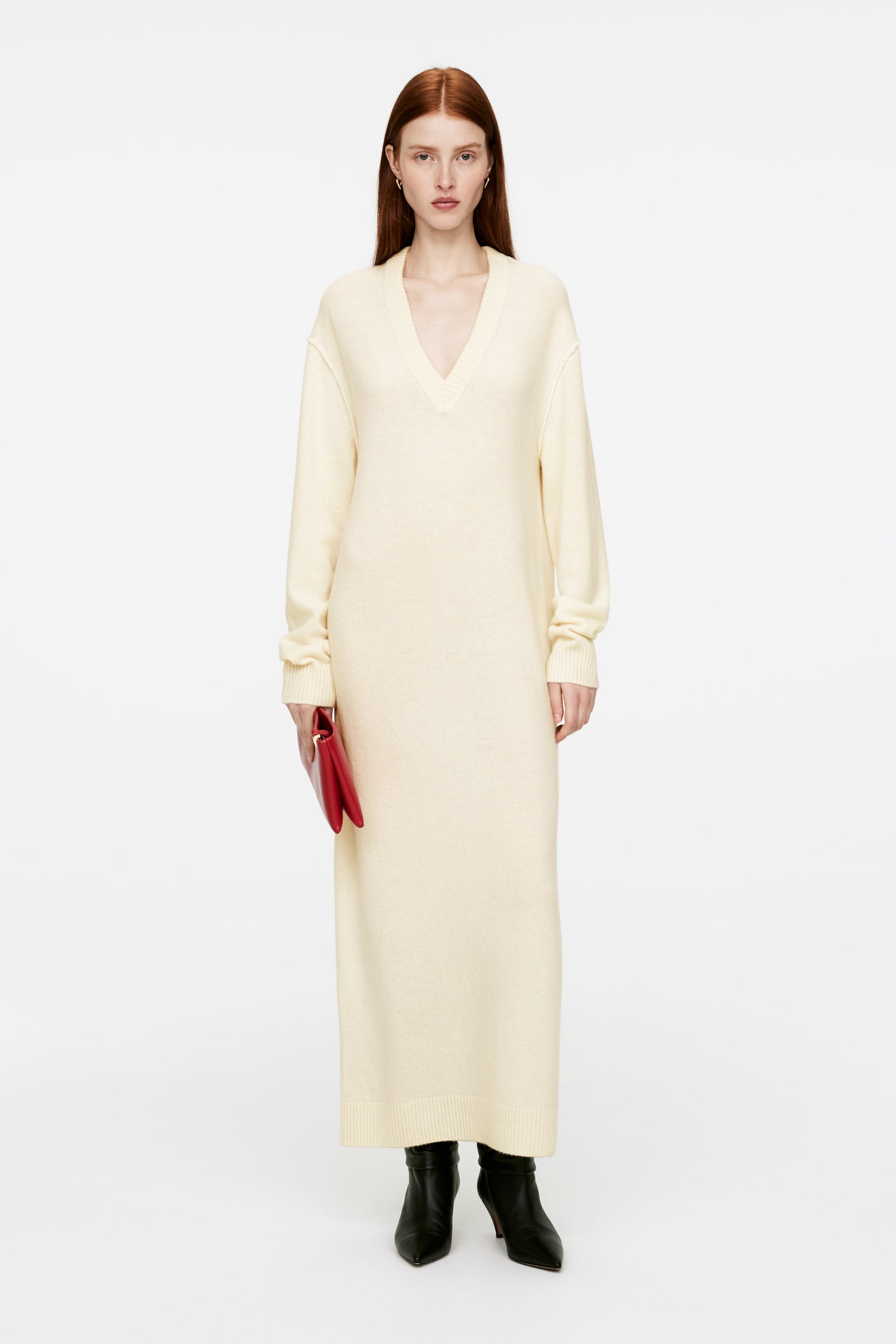 V-Neck Wool Dress - Off White/Black