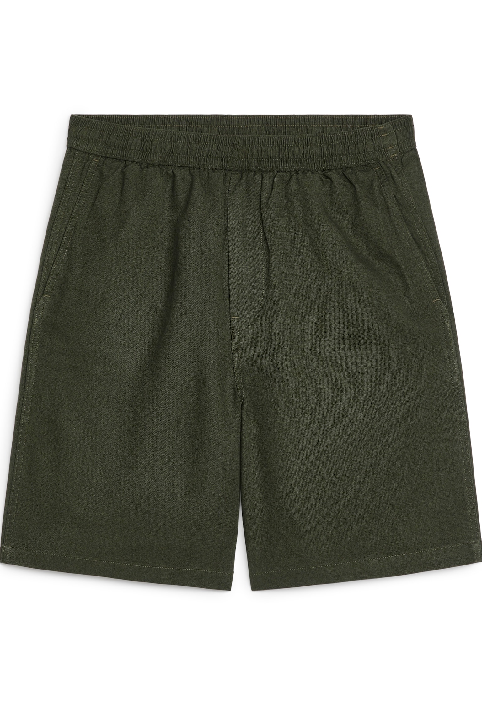 Cotton-Linen Drawstring Shorts - Dark Green/Black - 1