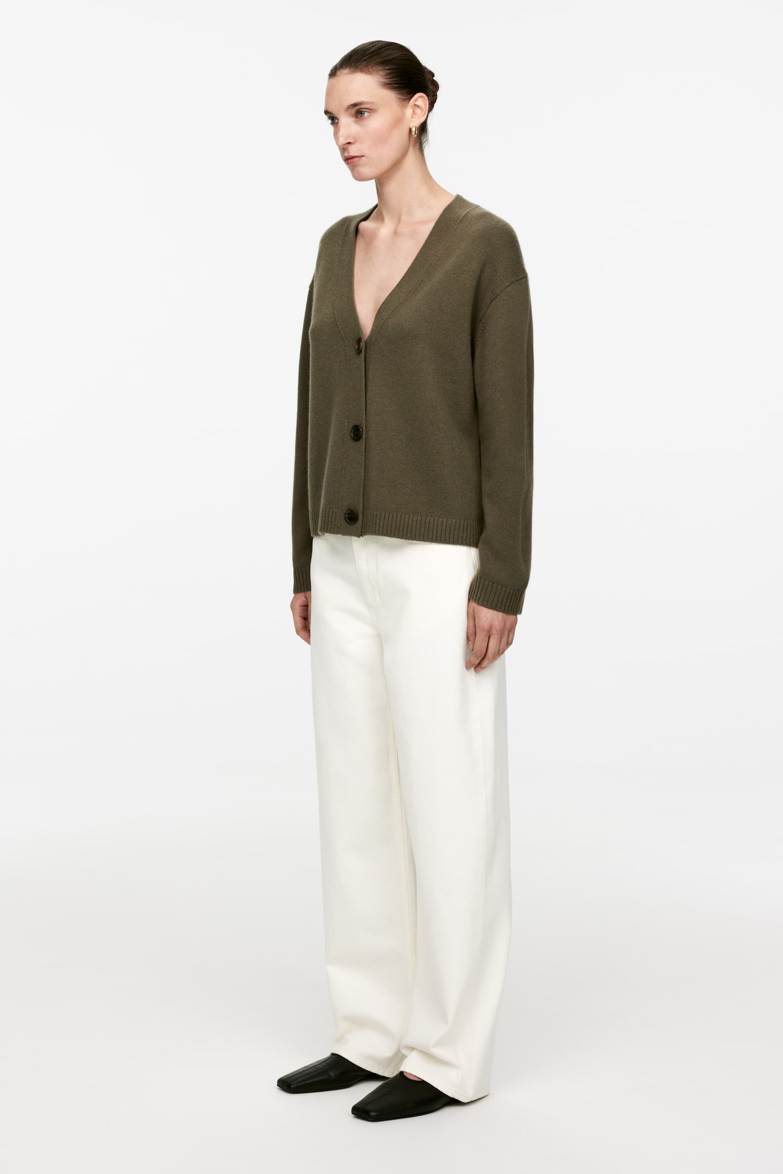 Cashmere-Wool Cardigan - Khaki Green/Black/Grey Melange - 5