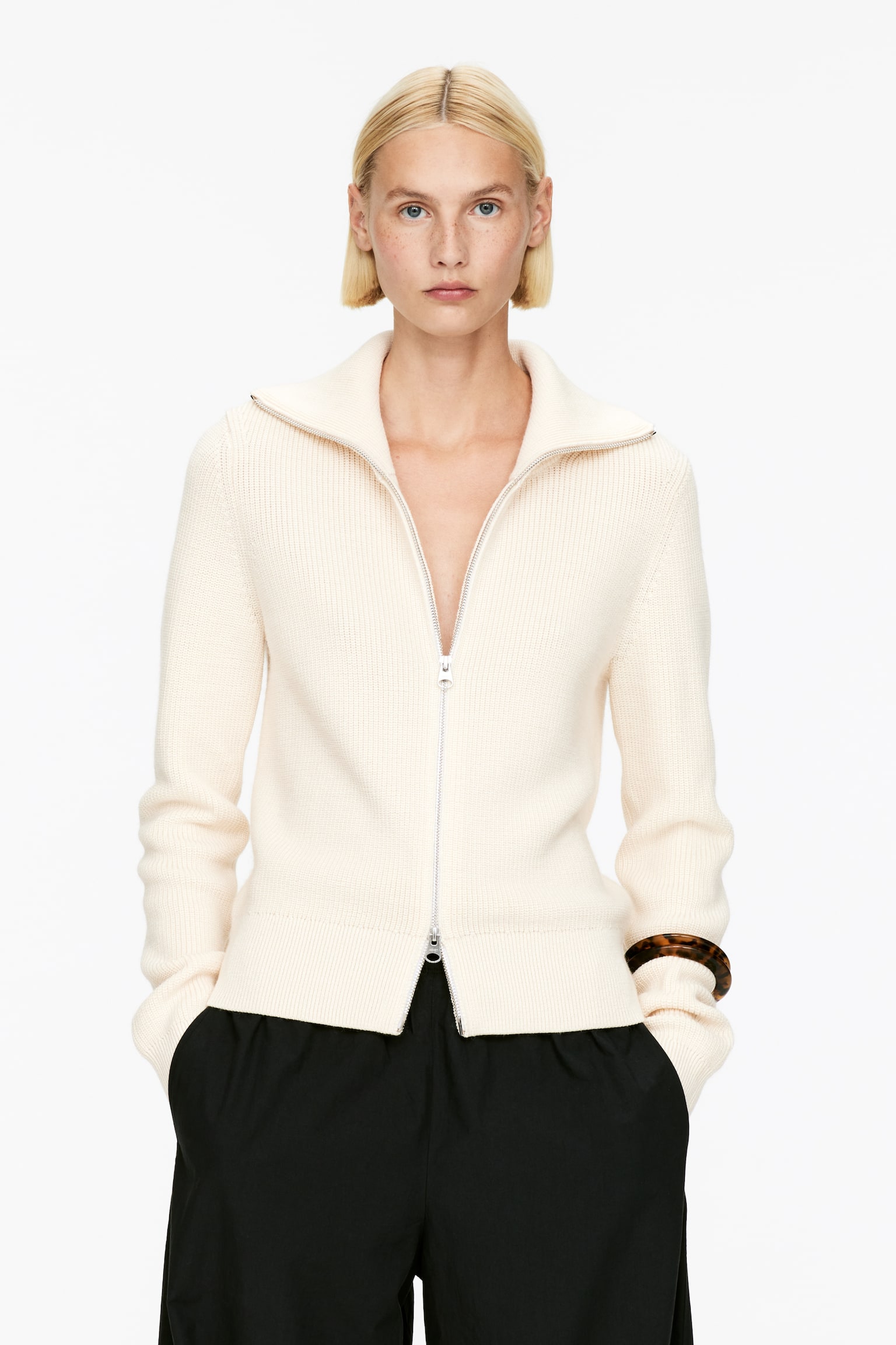 Woll- und Baumwollstrickjacke mit Reißverschluss - Cremeweiß - 1