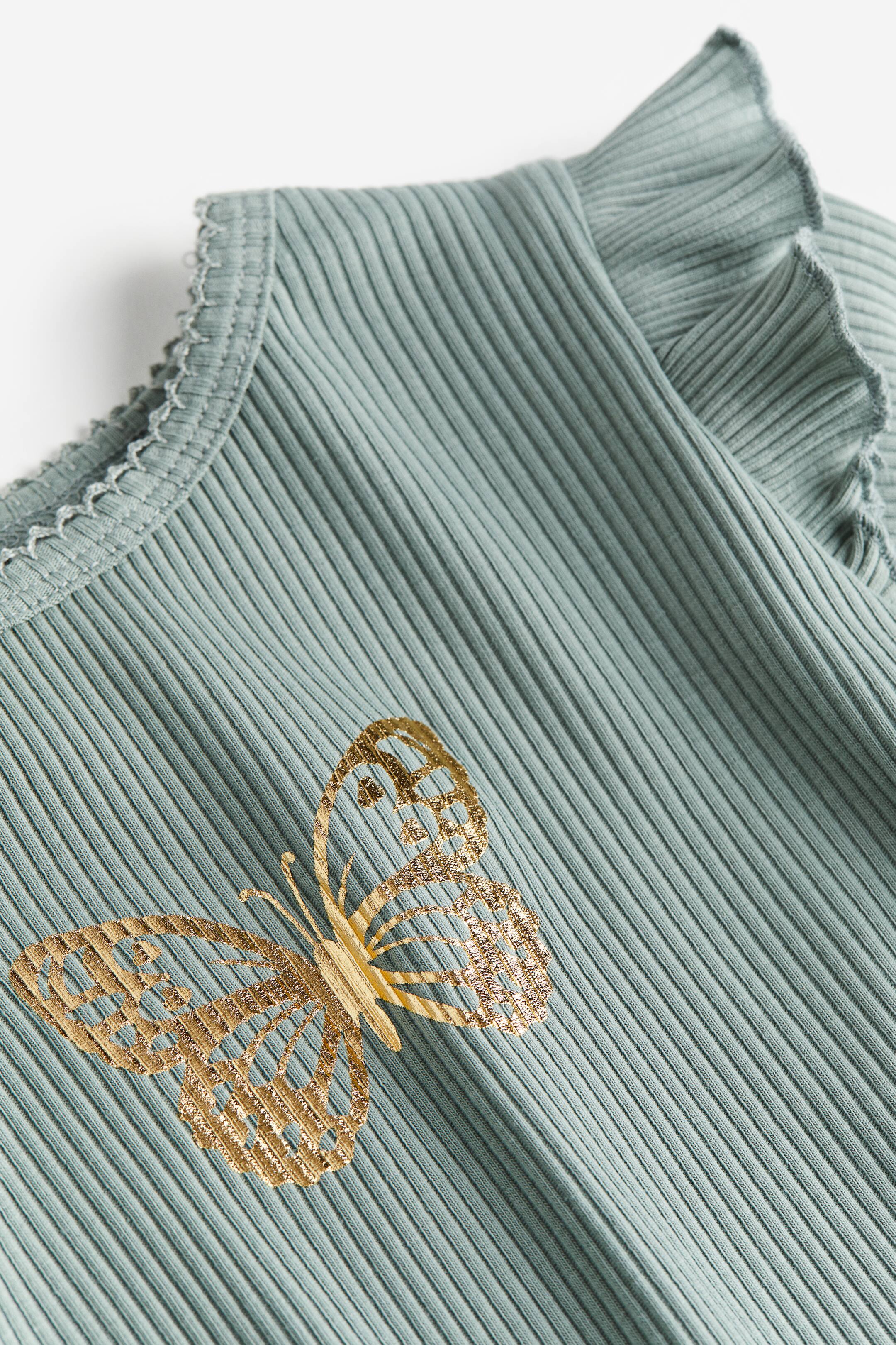 查看大圖: 荷葉邊羅紋上衣 - 灰綠色/蝴蝶 - Kids | H&M 2