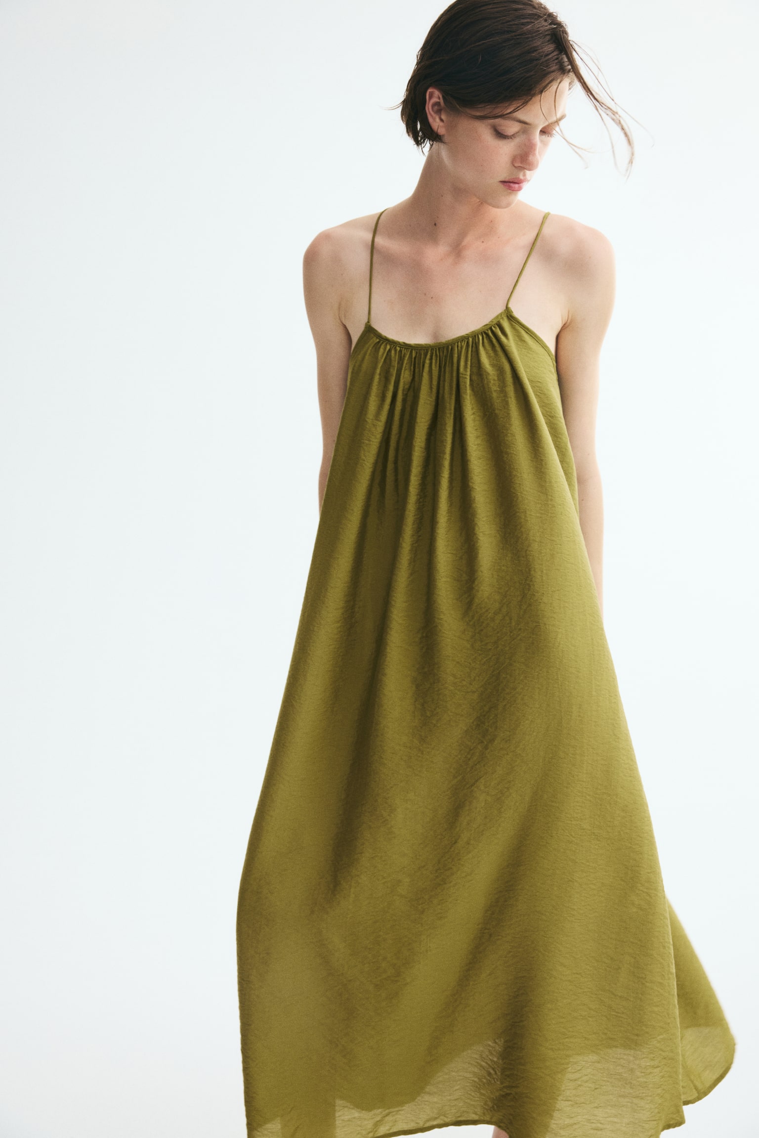 Vestido comprido com alças de atar - Verde oliva - 1