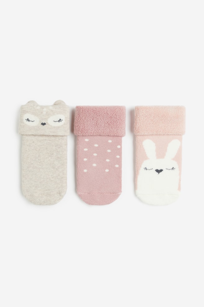 3-pack terry socks - Light pink/Bunny/Dark green/Dinosaurs/Beige marl/Bear/Red/Hearts/dc - 1