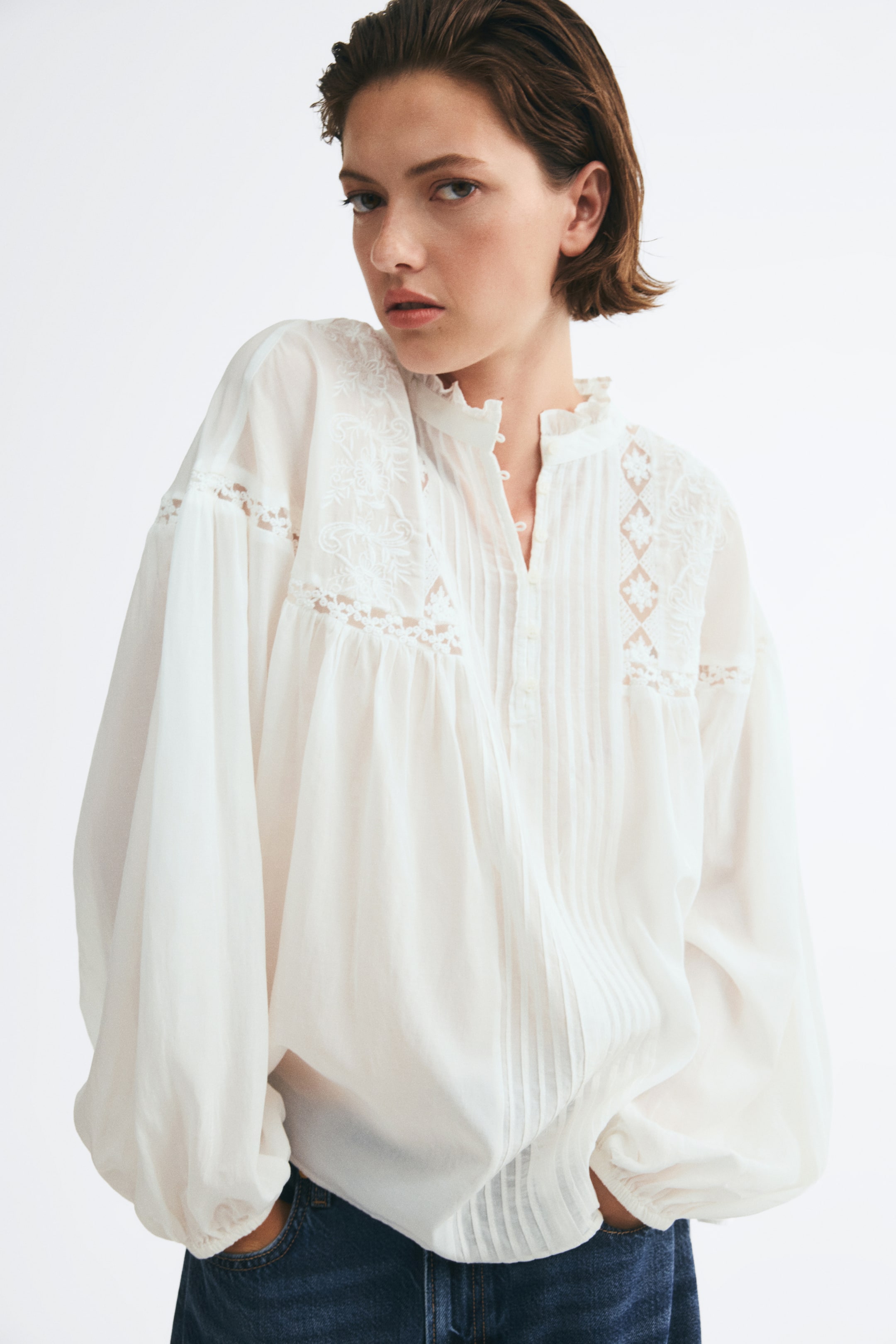 View larger image: Lace-inset balloon-sleeved blouse - White - Ladies | H&M 1