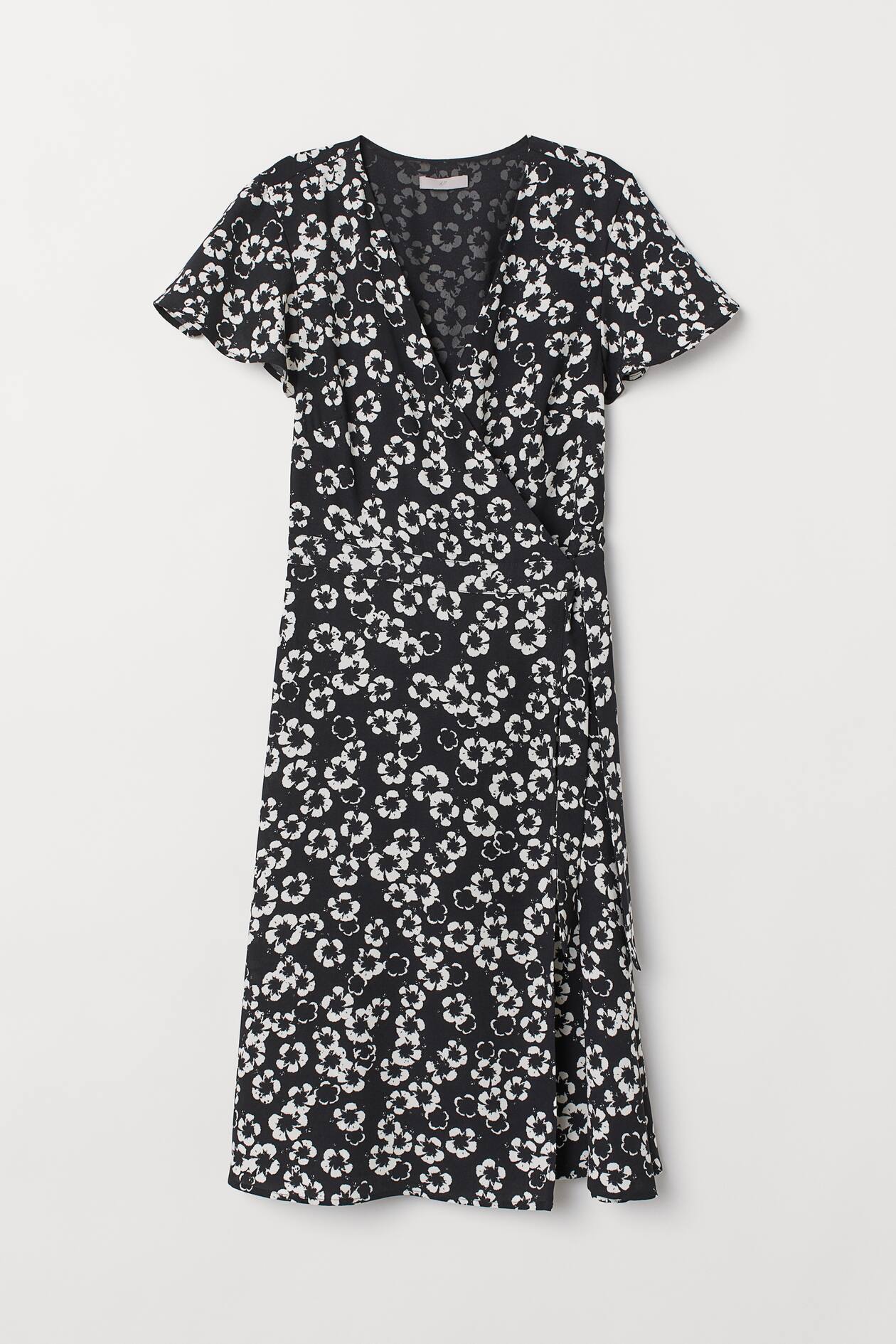 Wrapover dress - V-neck - Short sleeve - Black/Floral - Ladies | H&M GB