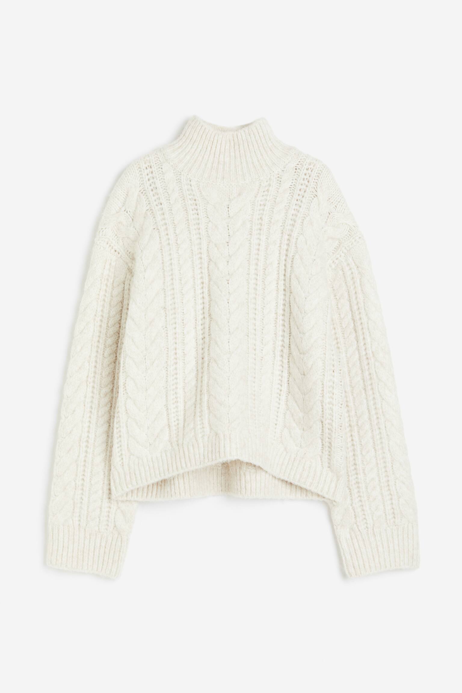 터틀넥 케이블 니트 스웨터 - 화이트