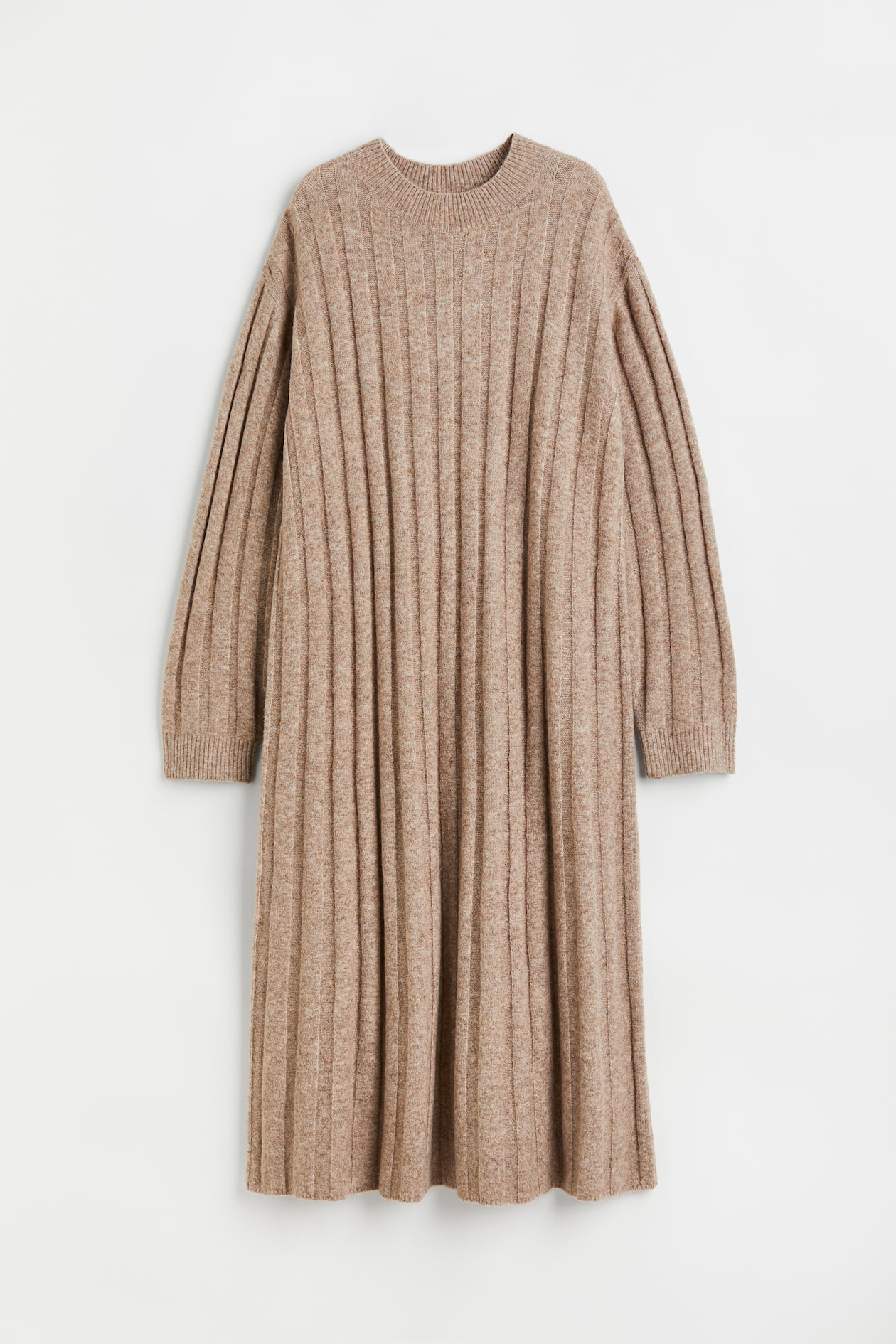 Rib-knit Dress - Round Neck - Long sleeve - Beige melange - Ladies | H&M US