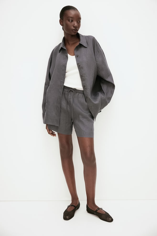 Linen pull-on shorts - Dark grey - 4