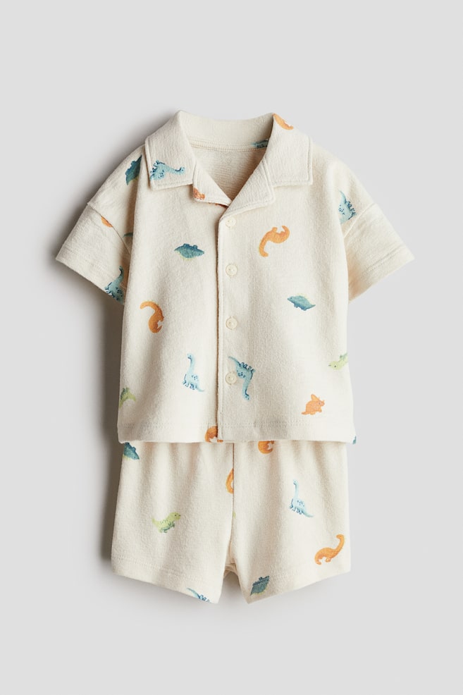 2-piece Terry Resort Shirt & Shorts Set - Light beige/Dinosaurs/Yellow/Dinosaur - 1