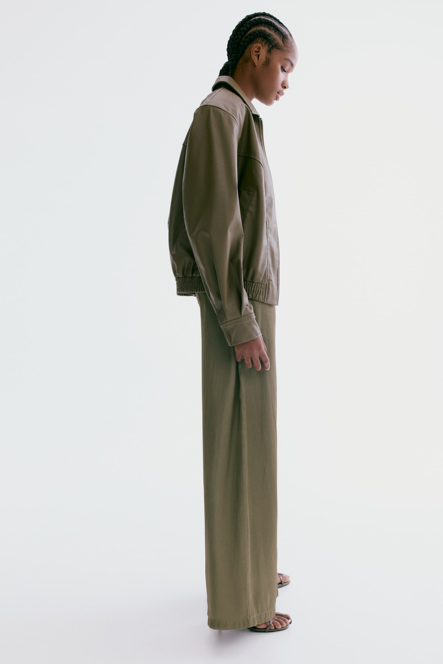 Satin drawstring trousers - Dark khaki green/Beige/Black - 4