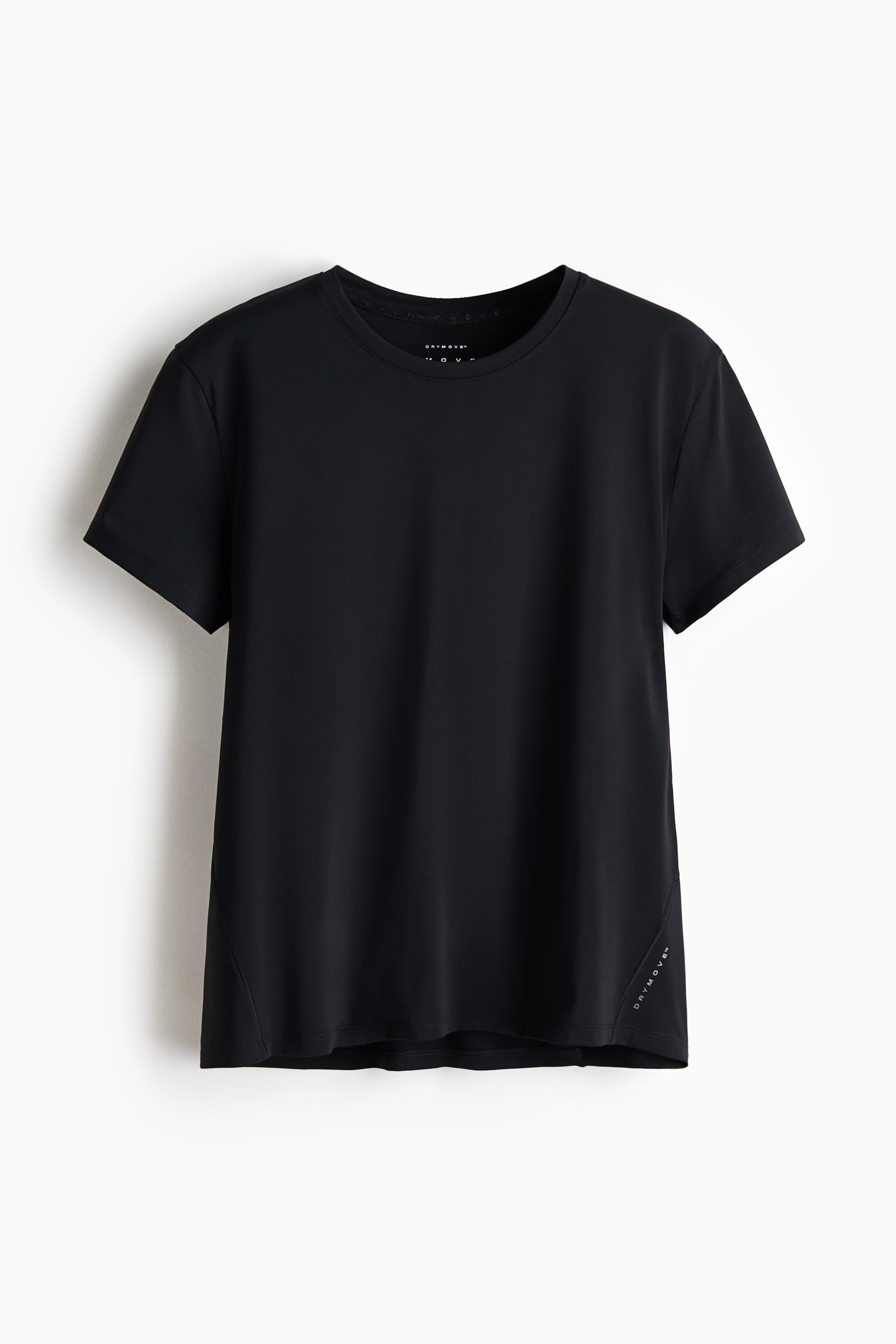 View larger image: The front of a black short-sleeved t-shirt is showcased, highlighting a round neckline. The inner neckband displays small white 'DRYMOVE' text, which also appears vertically along the lower left side seam, featuring a subtle curved panel detail.