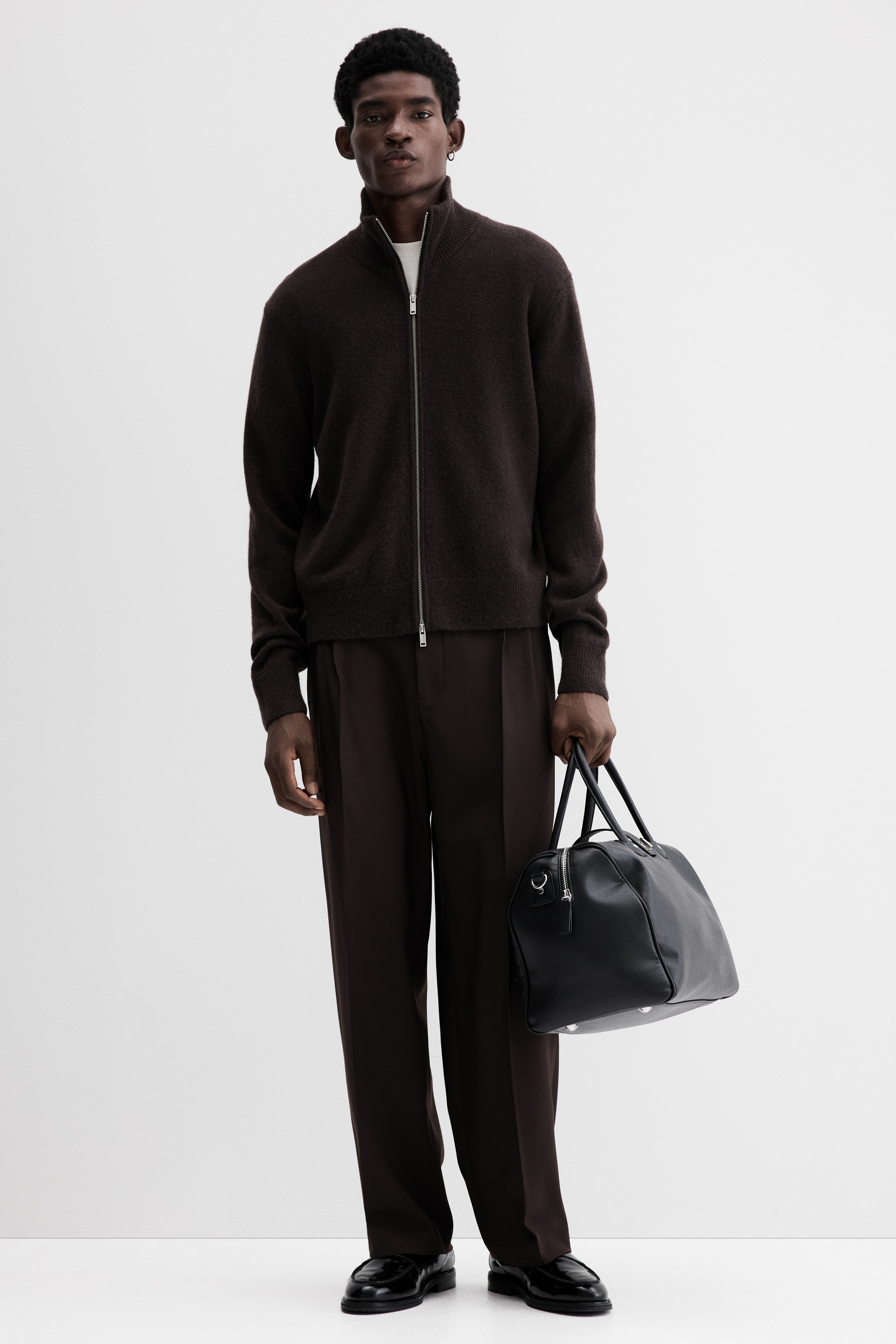 Men - Brown Regular Fit Wool zip-through cardigan - Size: L  - H&M