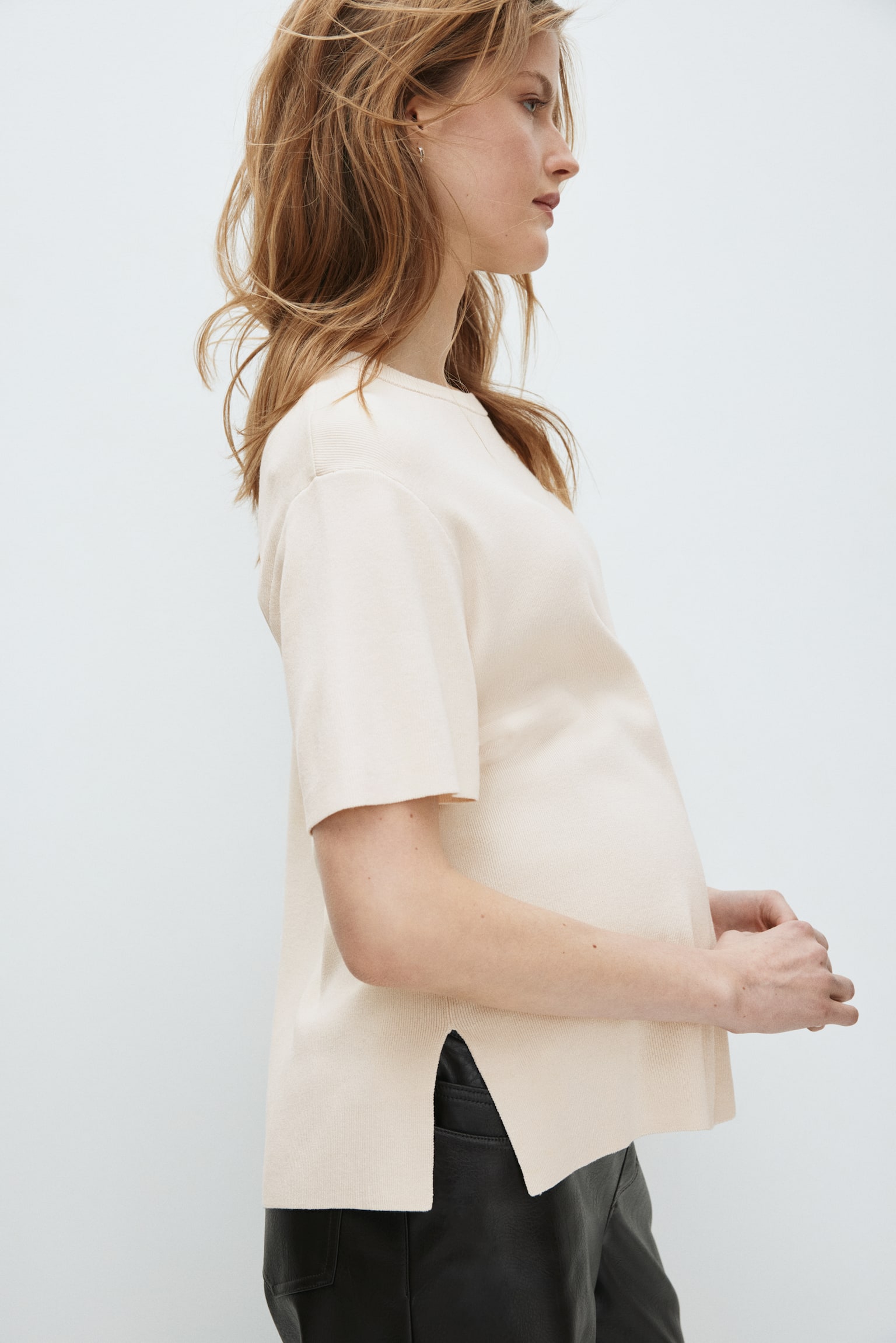 MAMA Fine-Knit T-Shirt - Light beige/Blue - 2