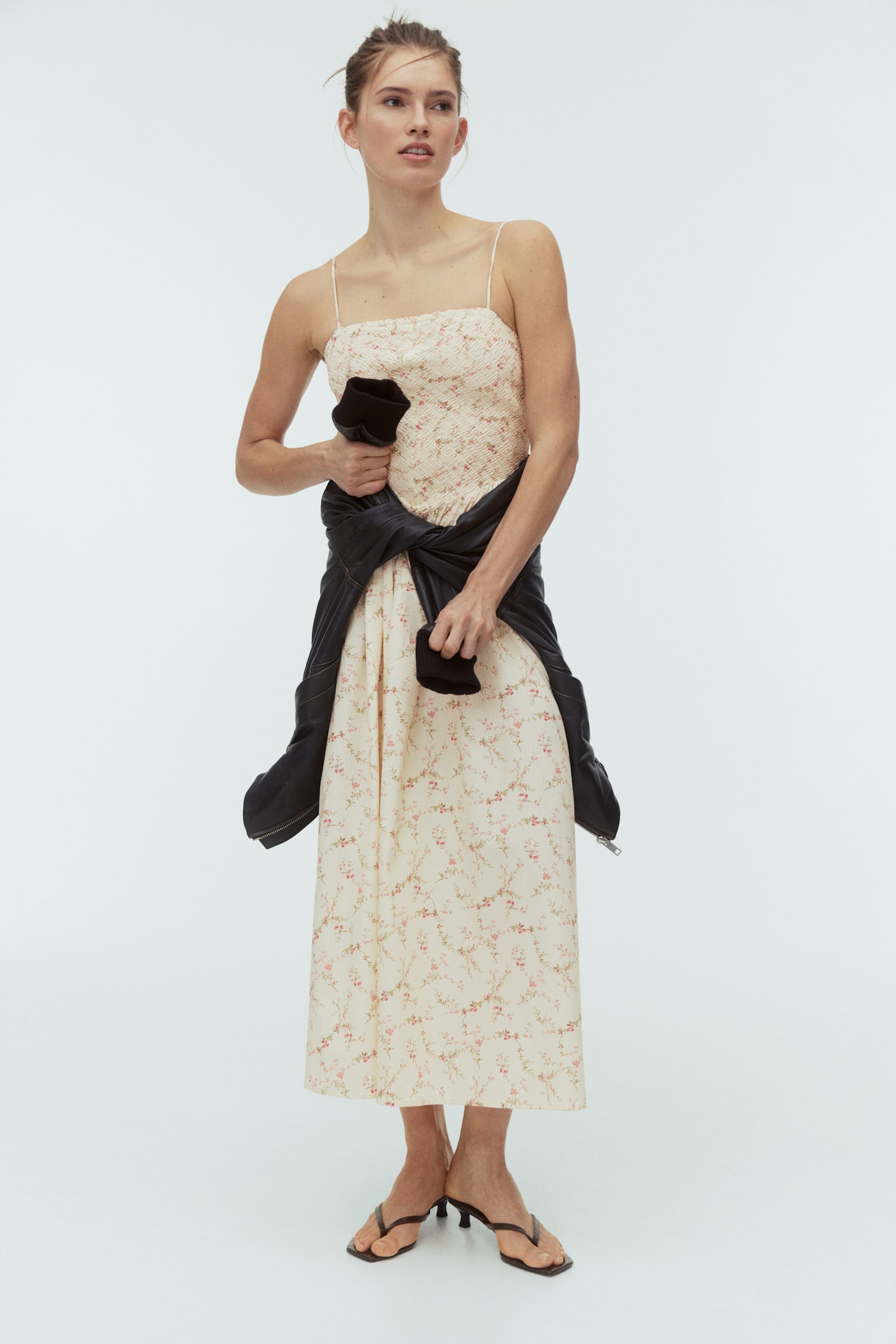 Váy cotton xếp nếp - Màu be nhạt/Hoa - 4