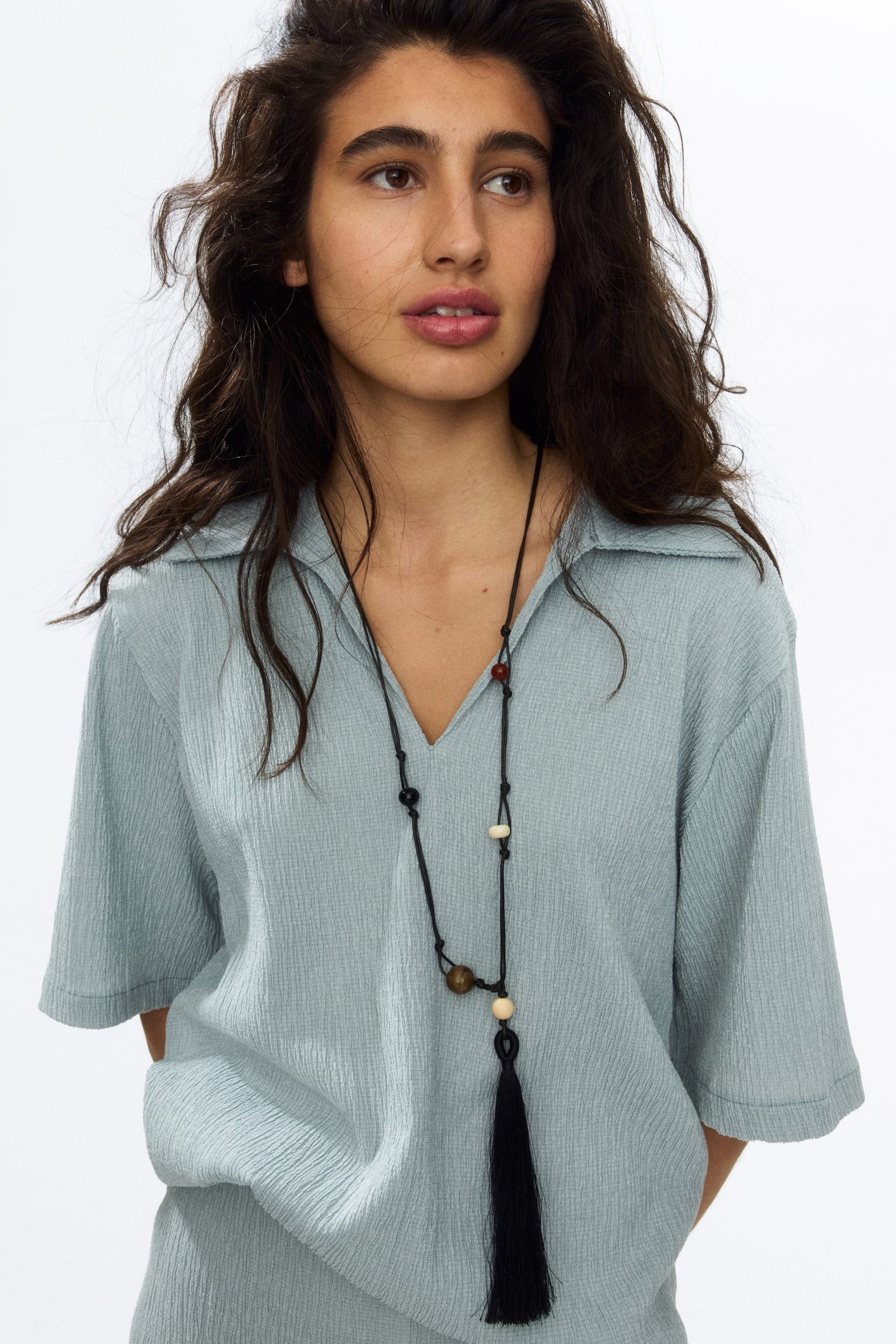 Crinkled polo shirt-Light turquoise - 1