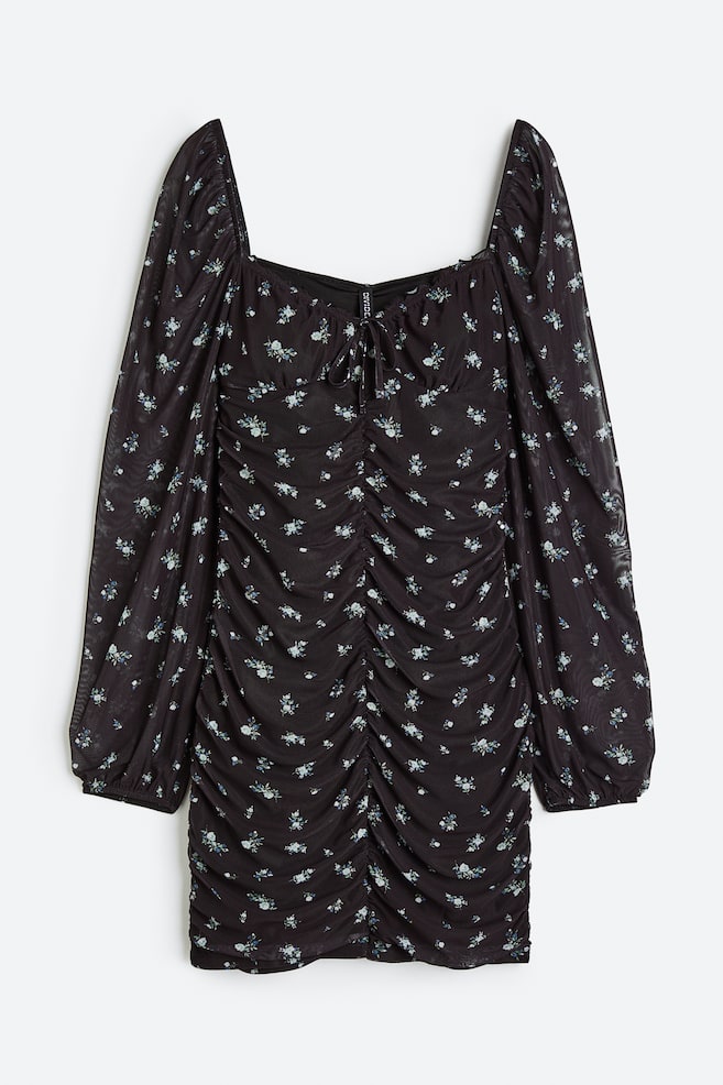 Robe froncée en mesh - Noir/fleuri - 1