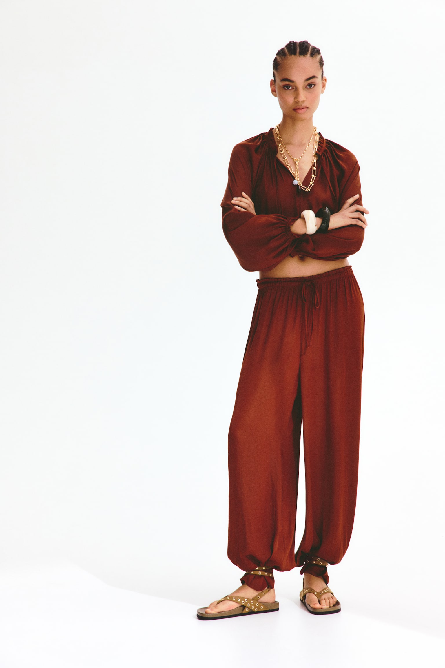 Bluse med ballongermer - Rustbrun/Mørk brun/Beige - 5