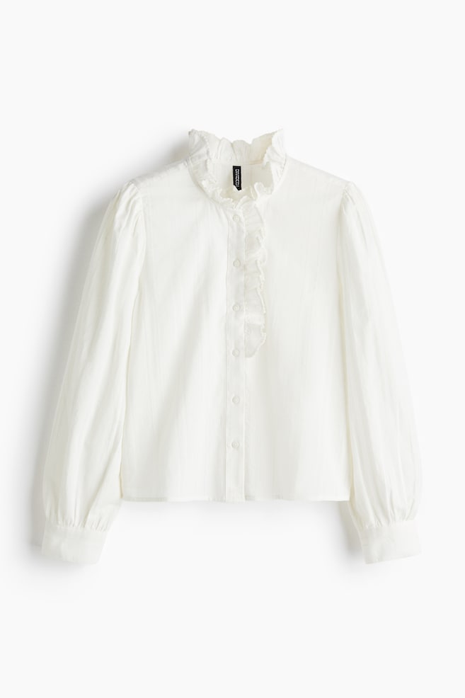 Frill Collar Cotton Blouse - White/Cream/Check - 1