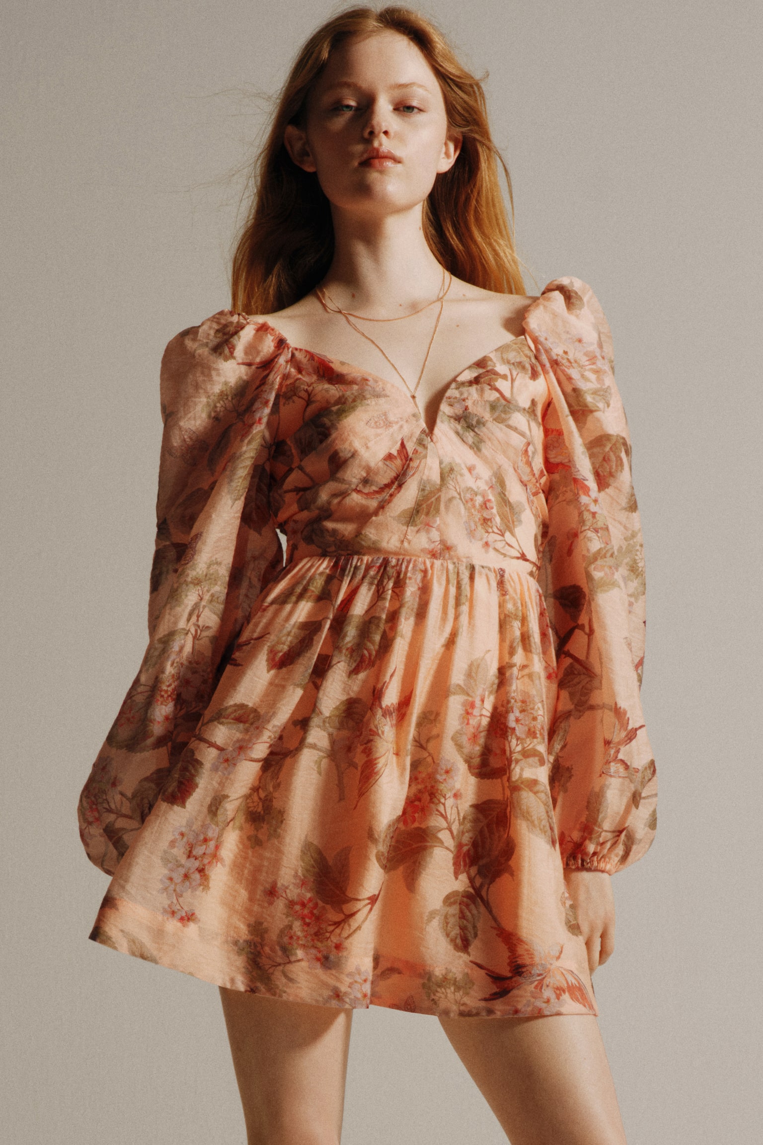 Vestido de mangas abombadas con lazos - Rosa durazno/Floreado - 1