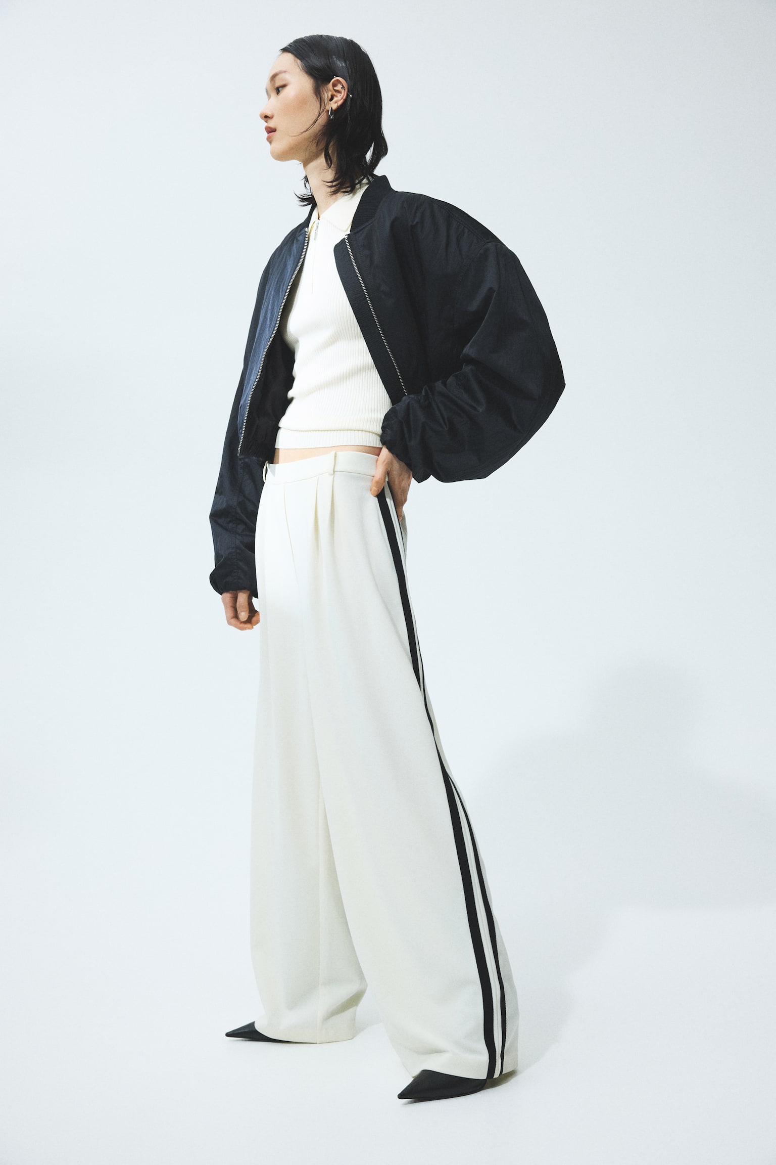 Rib-knit collared top - Cream - 6