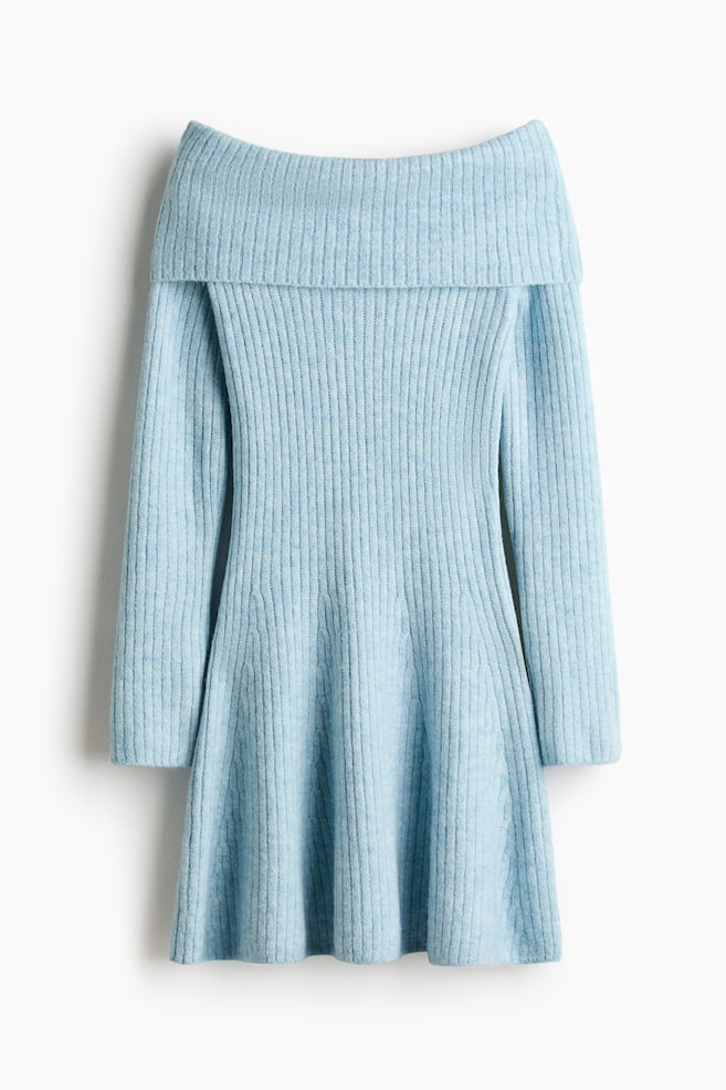 Rib-Knit Off-the-Shoulder Dress - Light blue melange/Dark green/Light beige - 1