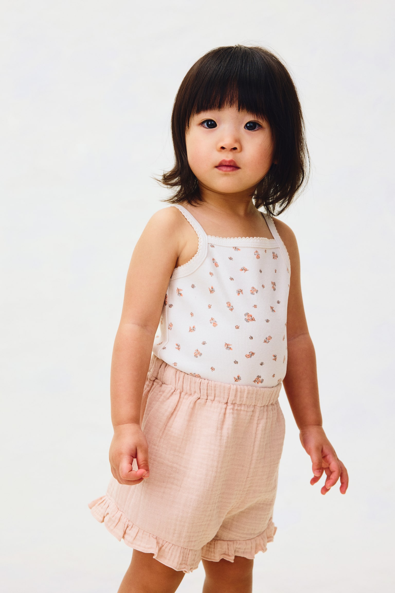 Shorts i bomullsmuslin - Ljus dimrosa/Gul