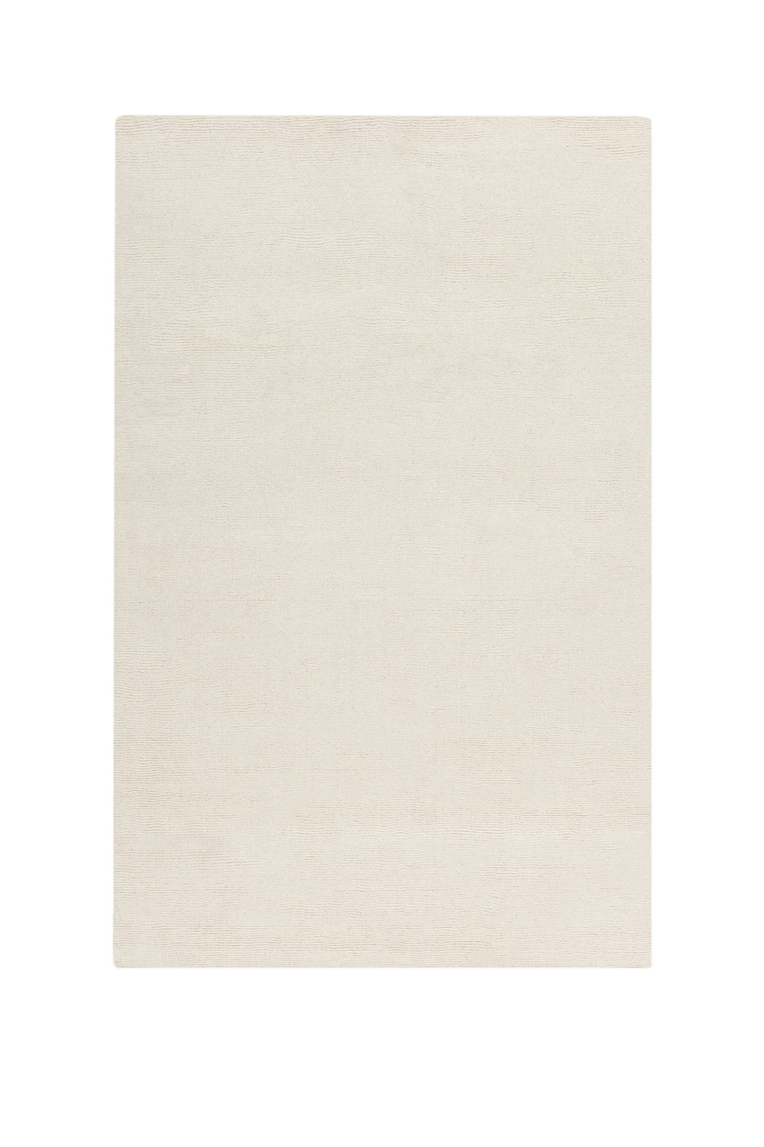 An off-white, rectangular area rug lies flat, showcasing a subtle, fine horizontal ribbed texture across its low-pile surface.
