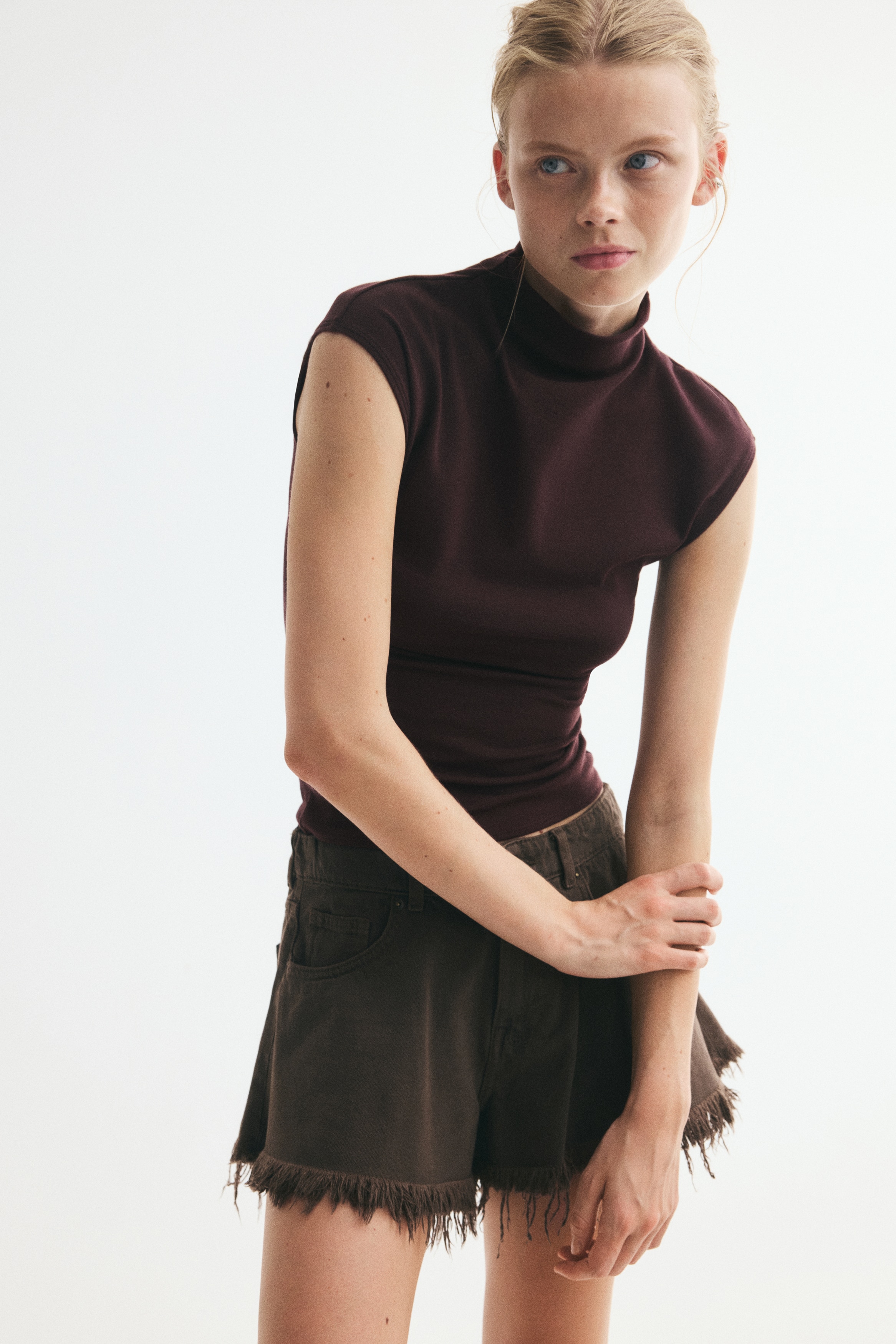Stand-collar cotton-blend top - Dark brown