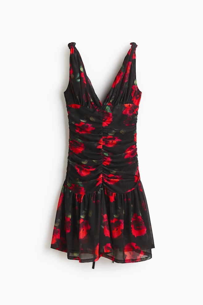 Vestido fruncido con falda acampanada - Negro/Rosas/Negro/Estampado de leopardo - 1
