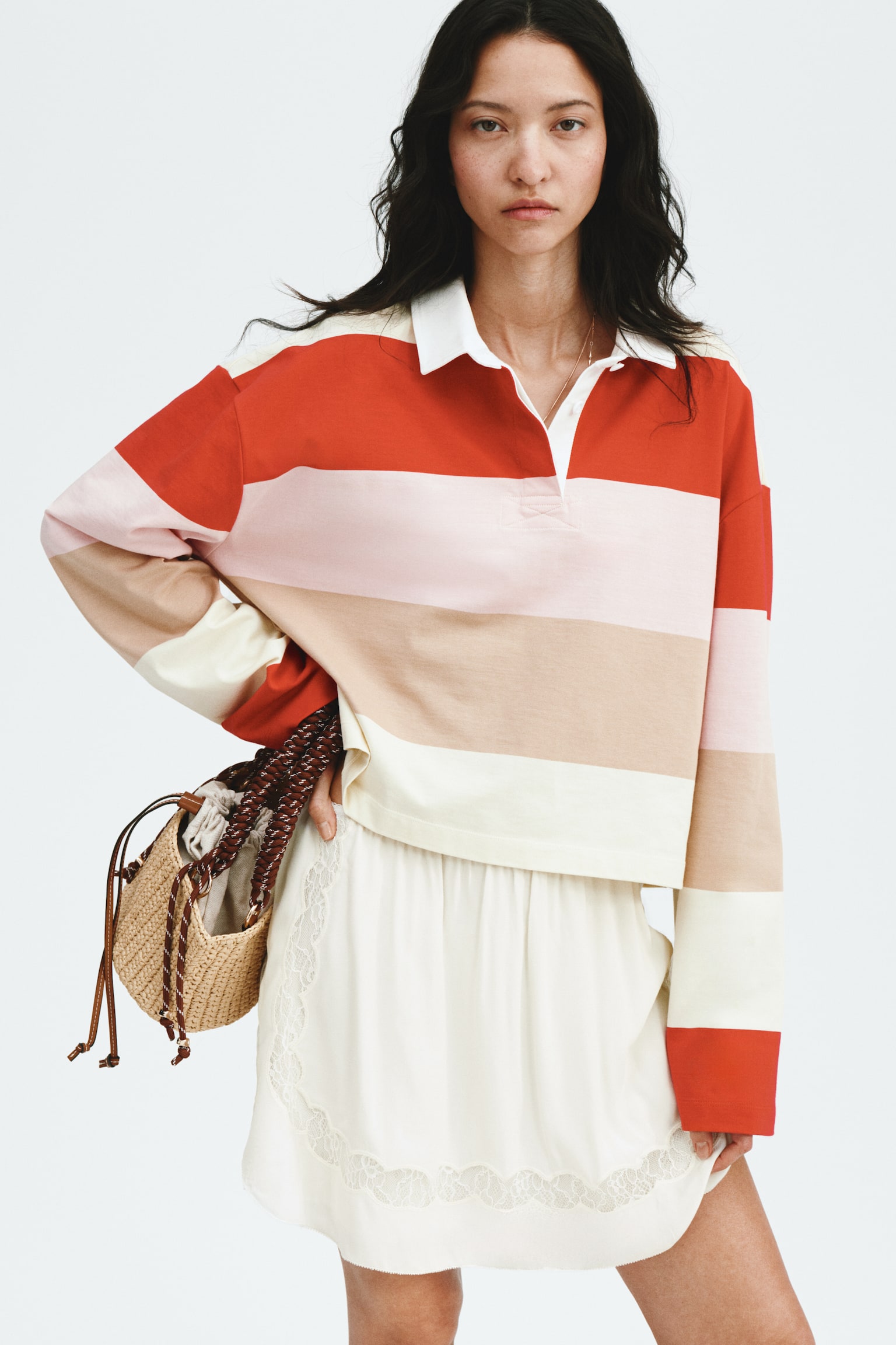 חצאית מיני ויסקוזה עם פסי תחרה - קרם - 7