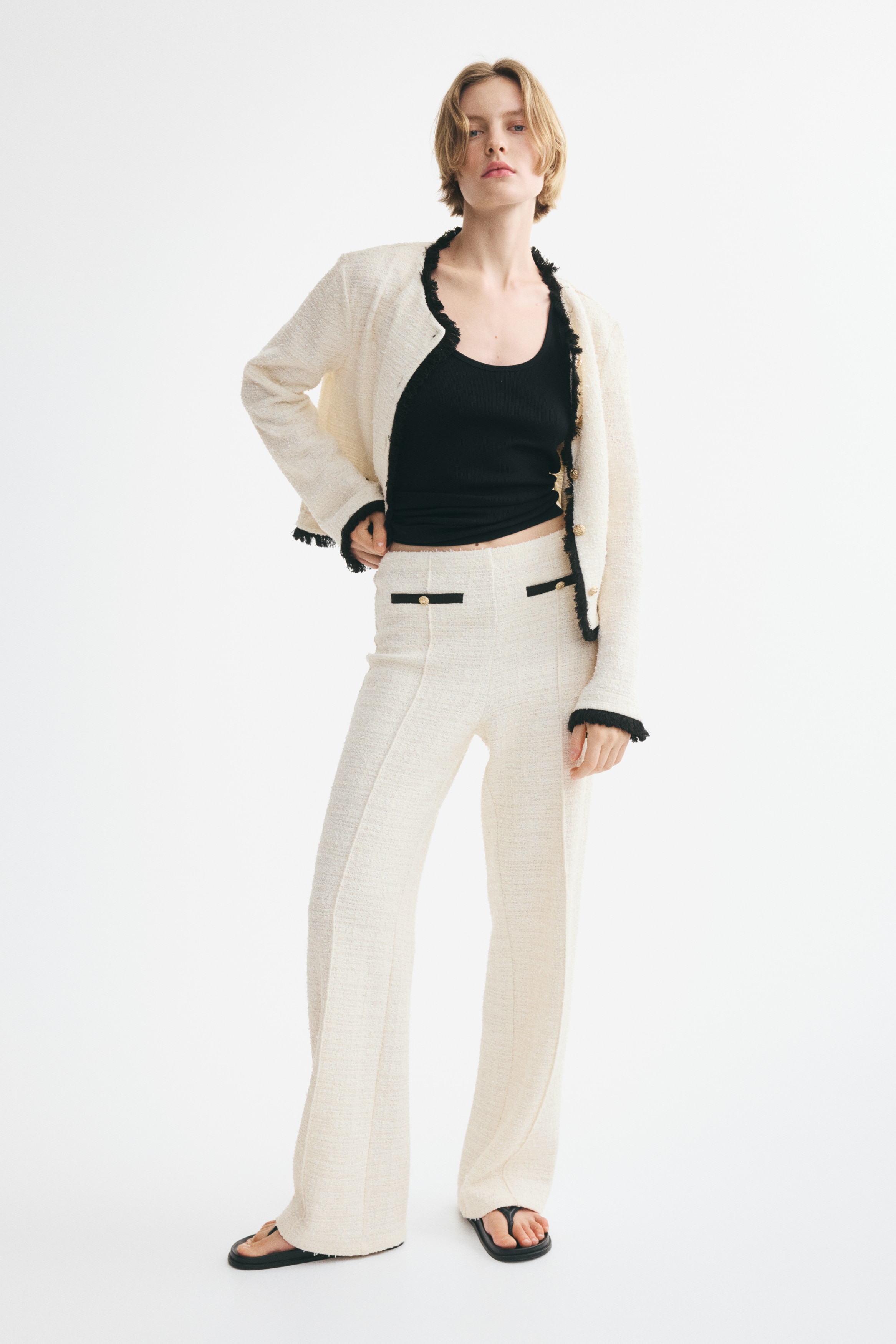 Pull-on broek van gebreid bouclégaren - Roomwit/Dusty grey marl/Cream