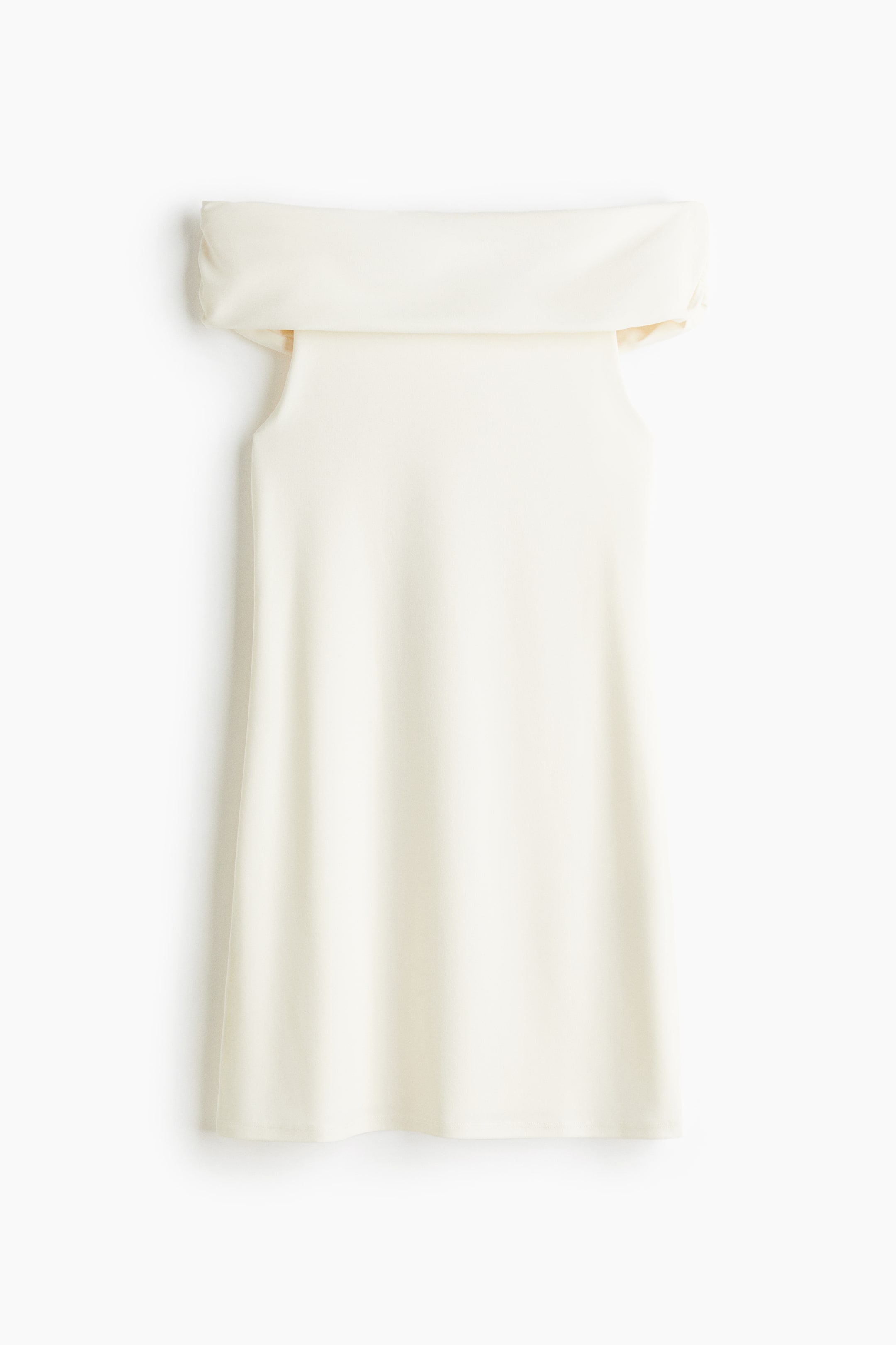 View larger image: A cream-colored dress is shown from the FRONT, featuring a wide, folded-over band forming the off-the-shoulder neckline. The dress is a straight fit, falling to a short length.