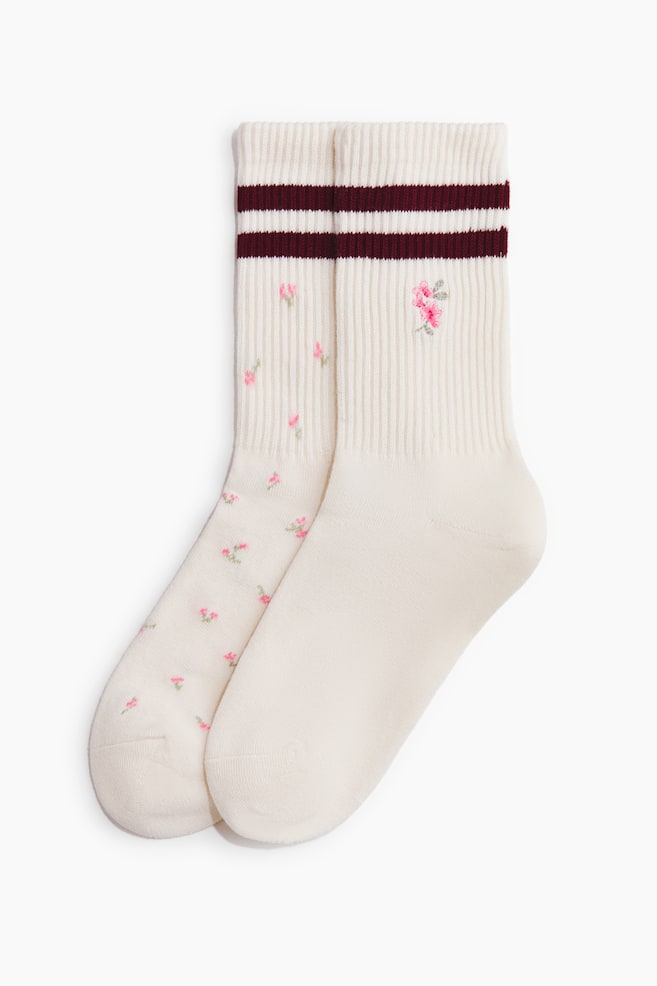 2-Pack Crew Socks - Cream/pink floral - 1