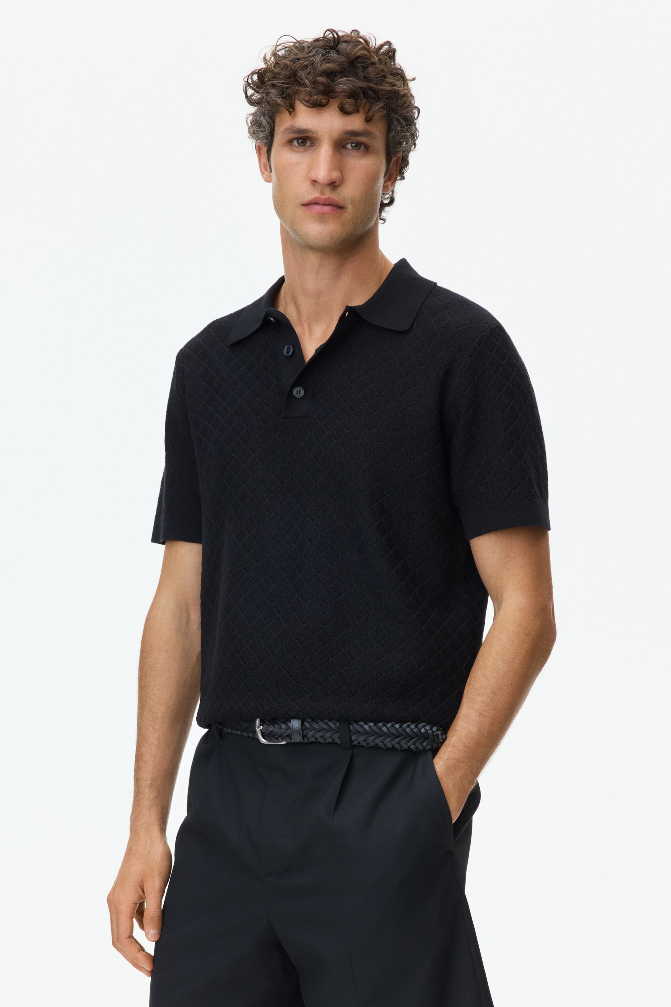 View larger image: Slim Fit Textured-knit polo shirt - Black - Men | H&M 1