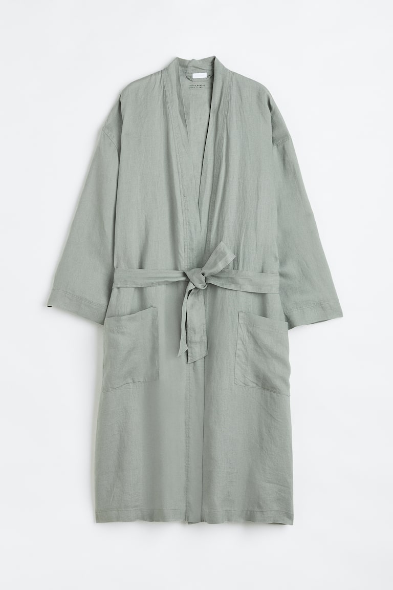 Sage green Washed linen dressing gown at H&M Home | H&M GB Sage green Washed linen dressing gown at H&M Home | H&M GB