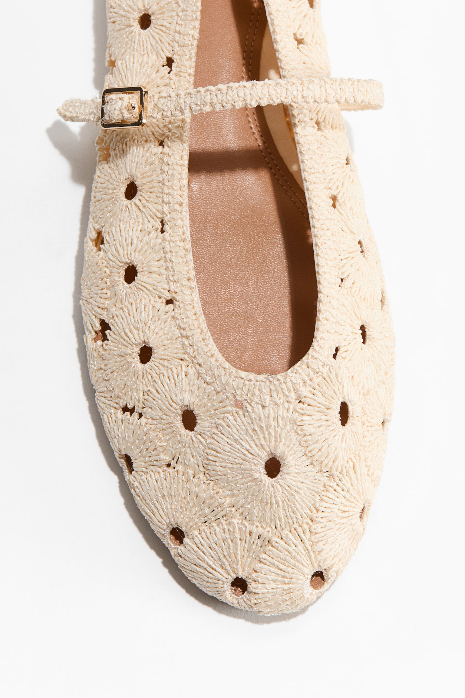 Балетки із соломки з ремінцем на підйомі - Світло-бежевий/Чорний - 2